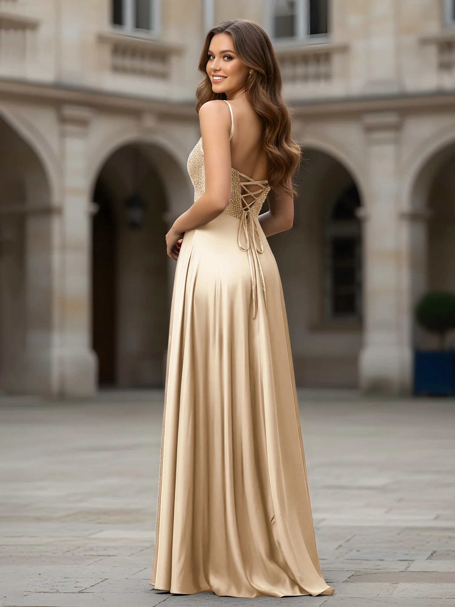 Sweetheart Beaded Bodice A-Line Long Dress Champagne - Image 2