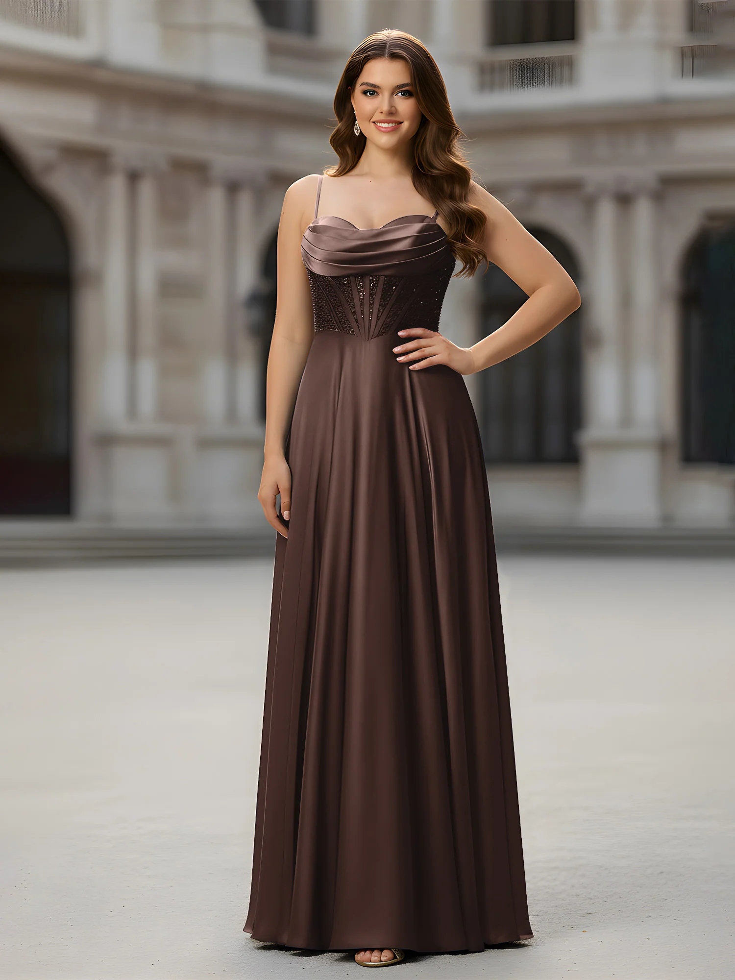 Sweetheart Beaded Bodice A-Line Long Dress Chocolate