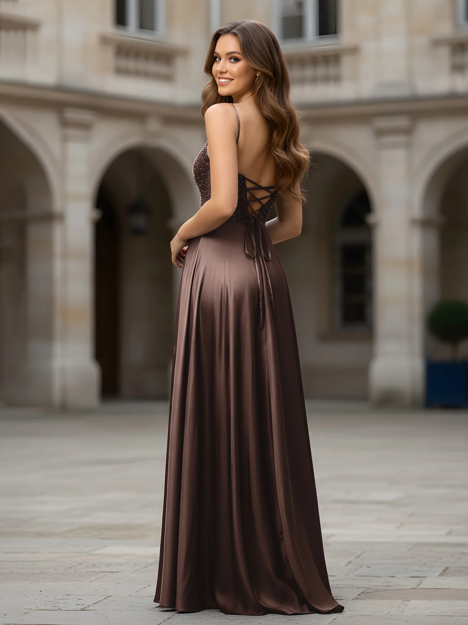 Sweetheart Beaded Bodice A-Line Long Dress Chocolate - Image 2