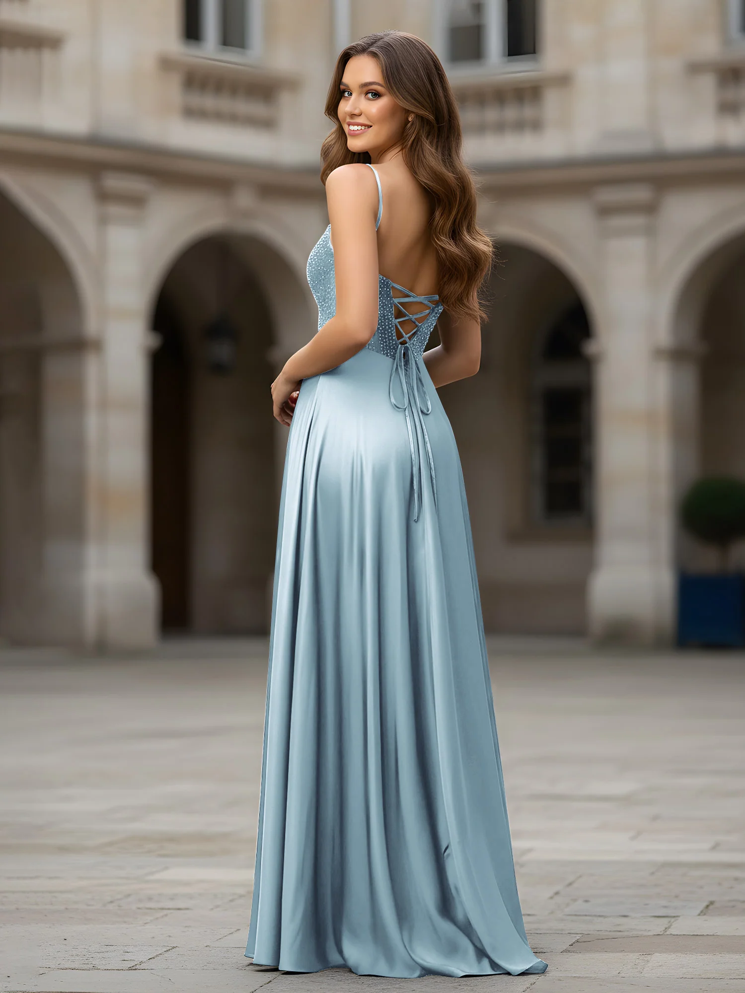 Sweetheart Beaded Bodice A-Line Long Dress Dusty Blue - Image 2