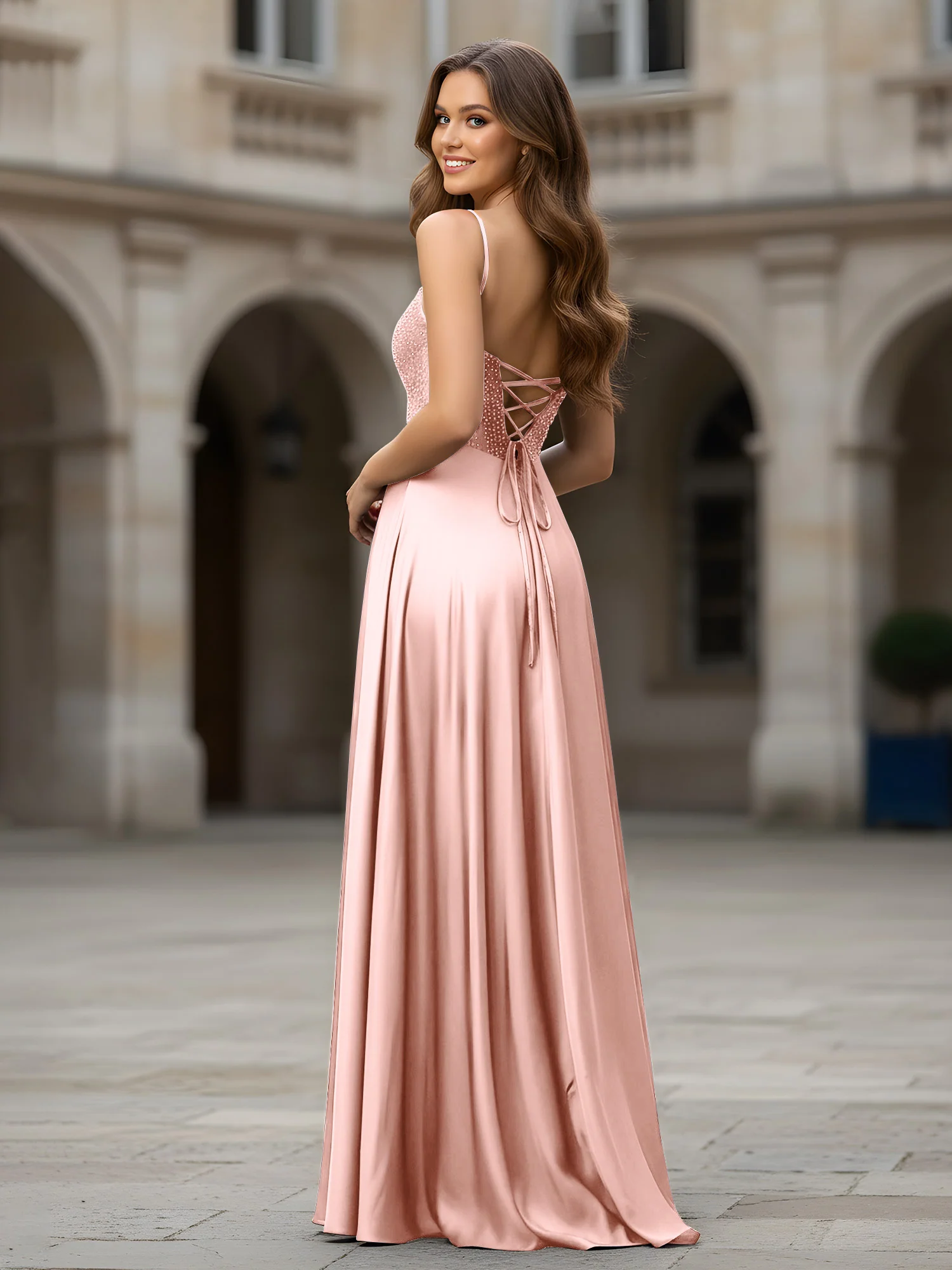 Sweetheart Beaded Bodice A-Line Long Dress Dusty Rose - Image 2