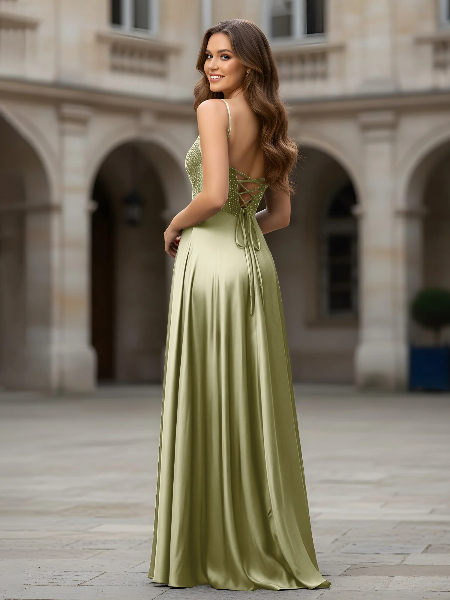 Sweetheart Beaded Bodice A-Line Long Dress Dusty Sage - Image 2