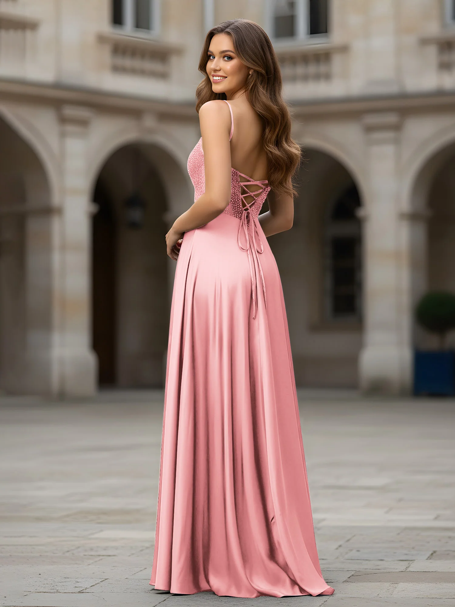 Sweetheart Beaded Bodice A-Line Long Dress Flamingo - Image 2