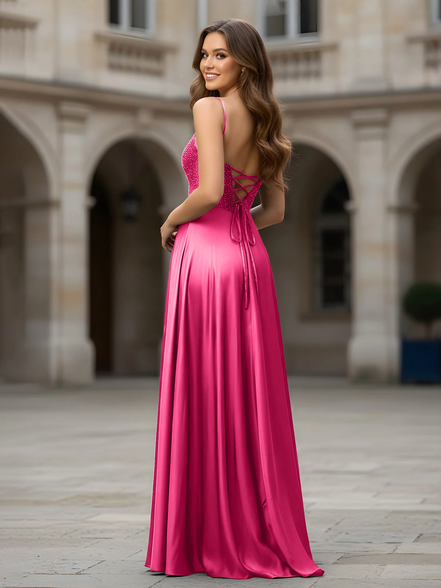 Sweetheart Beaded Bodice A-Line Long Dress Fuchsia - Image 2