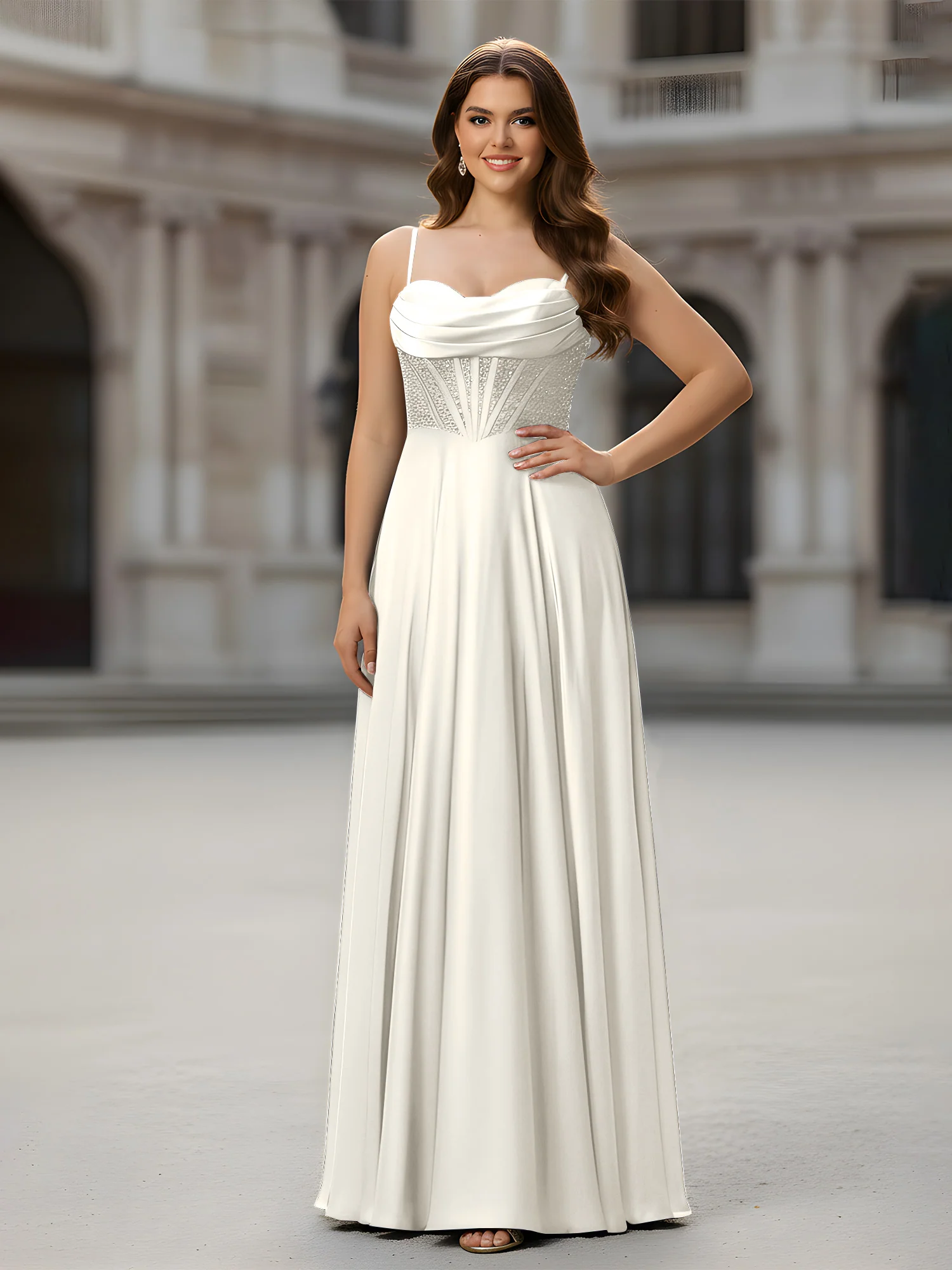 Sweetheart Beaded Bodice A-Line Long Dress Ivory