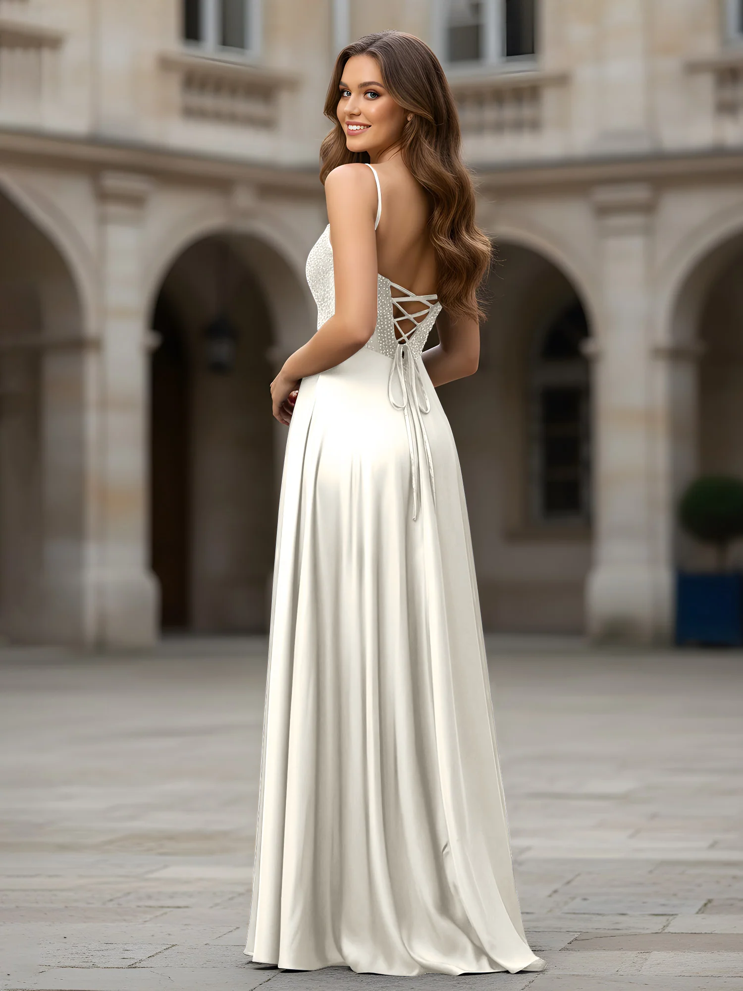 Sweetheart Beaded Bodice A-Line Long Dress Ivory - Image 2