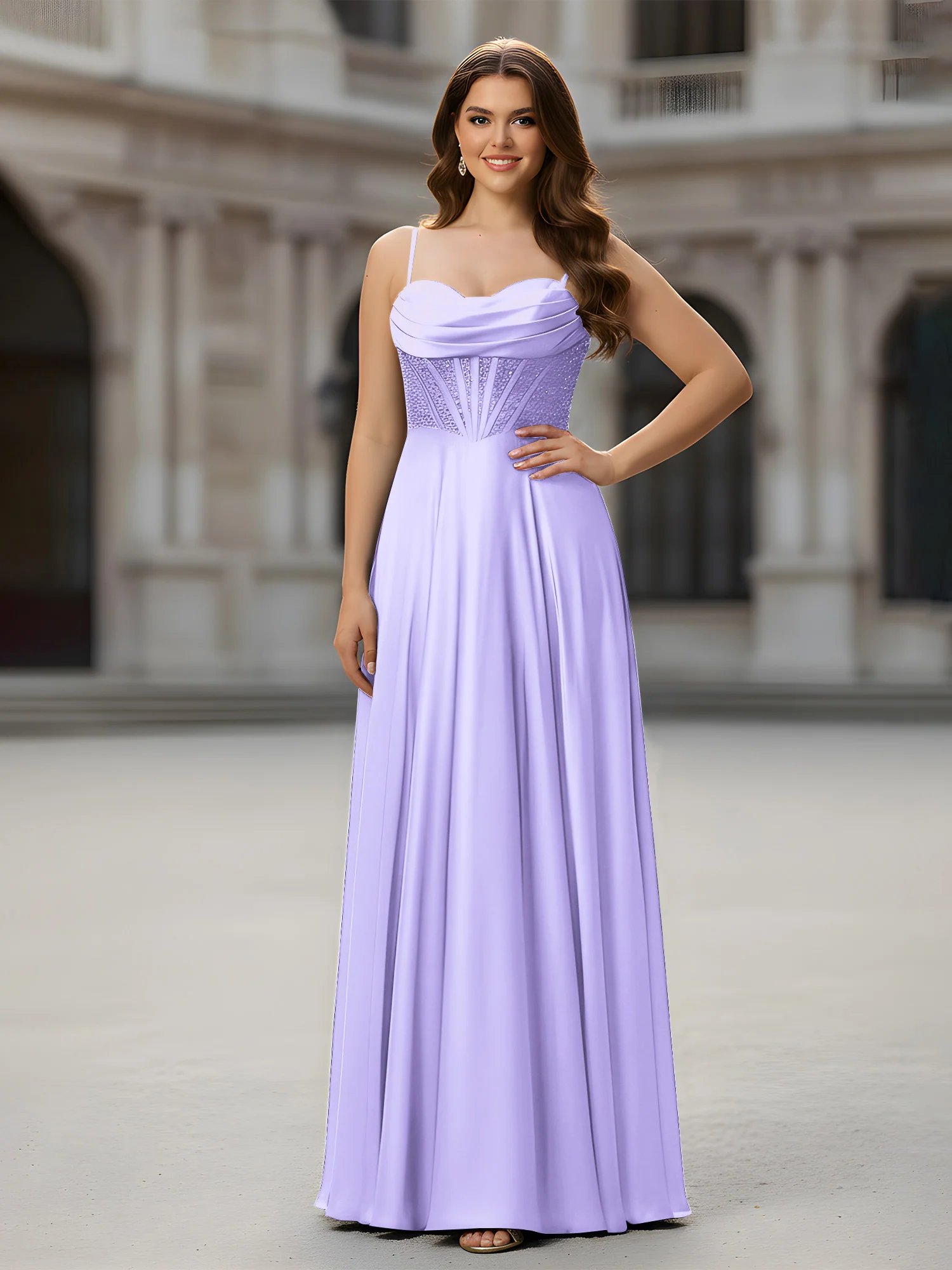 Sweetheart Beaded Bodice A-Line Long Dress Lilac