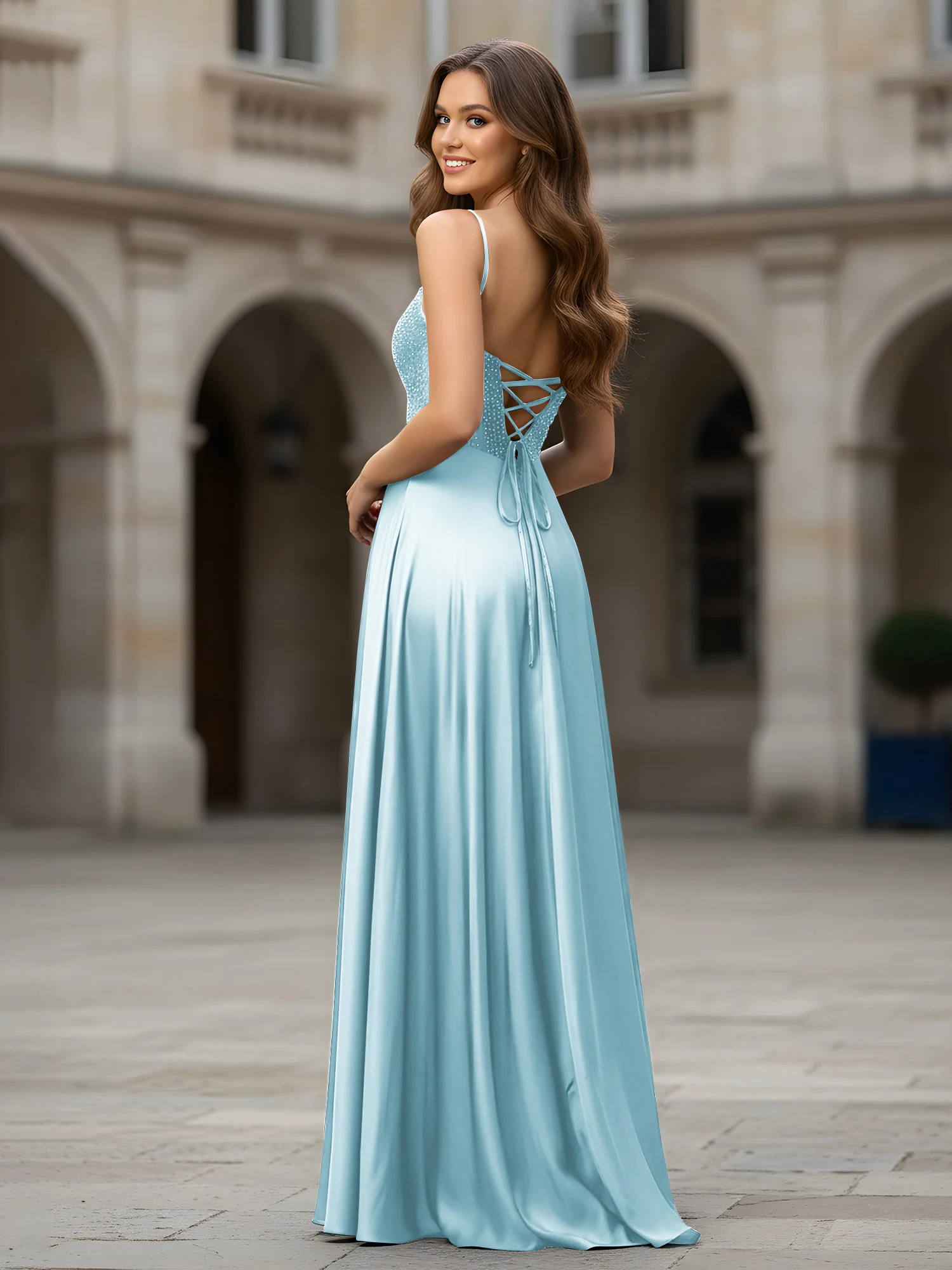 Sweetheart Beaded Bodice A-Line Long Dress Mist - Image 2