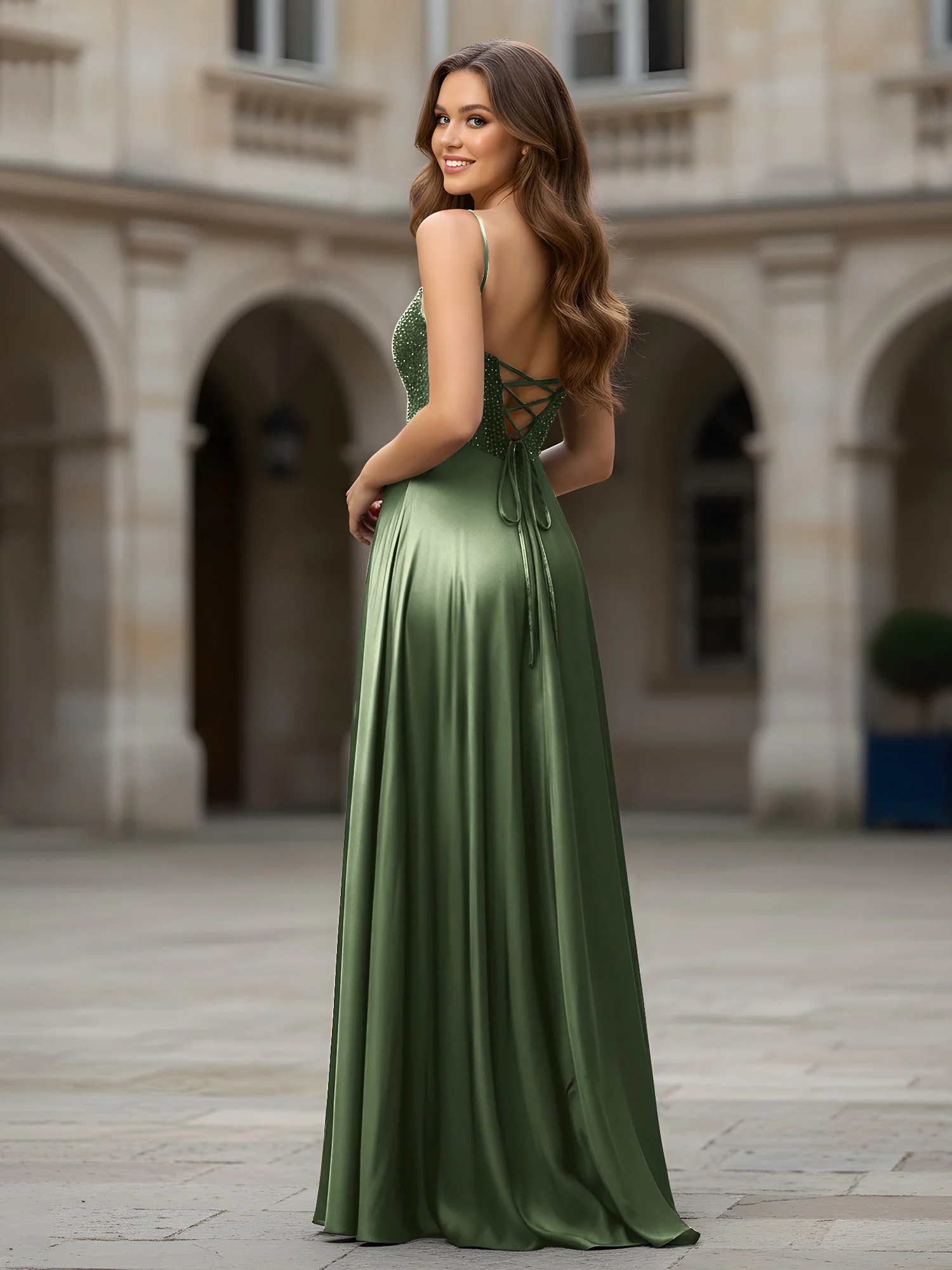 Sweetheart Beaded Bodice A-Line Long Dress Olive Green - Image 2