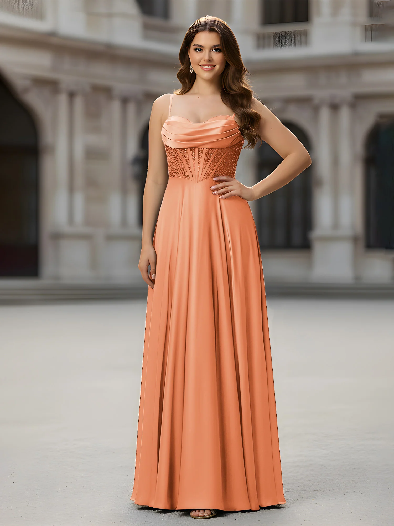 Sweetheart Beaded Bodice A-Line Long Dress Papaya