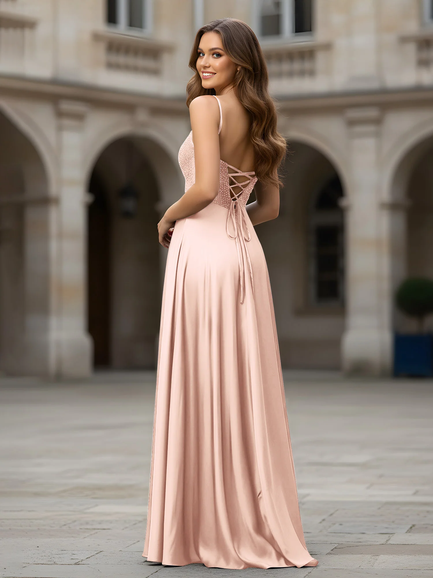 Sweetheart Beaded Bodice A-Line Long Dress Pearl Pink - Image 2