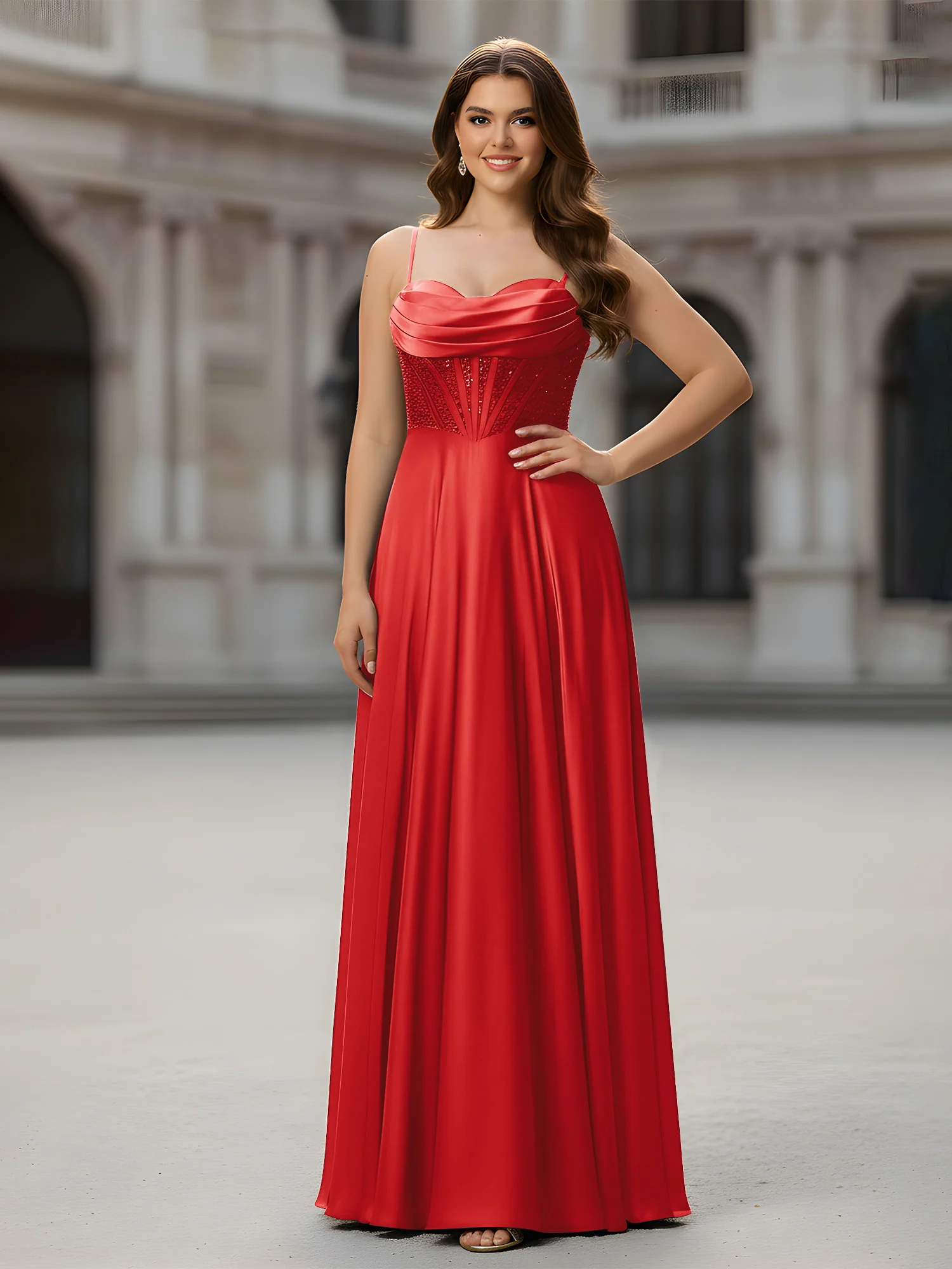 Sweetheart Beaded Bodice A-Line Long Dress Red