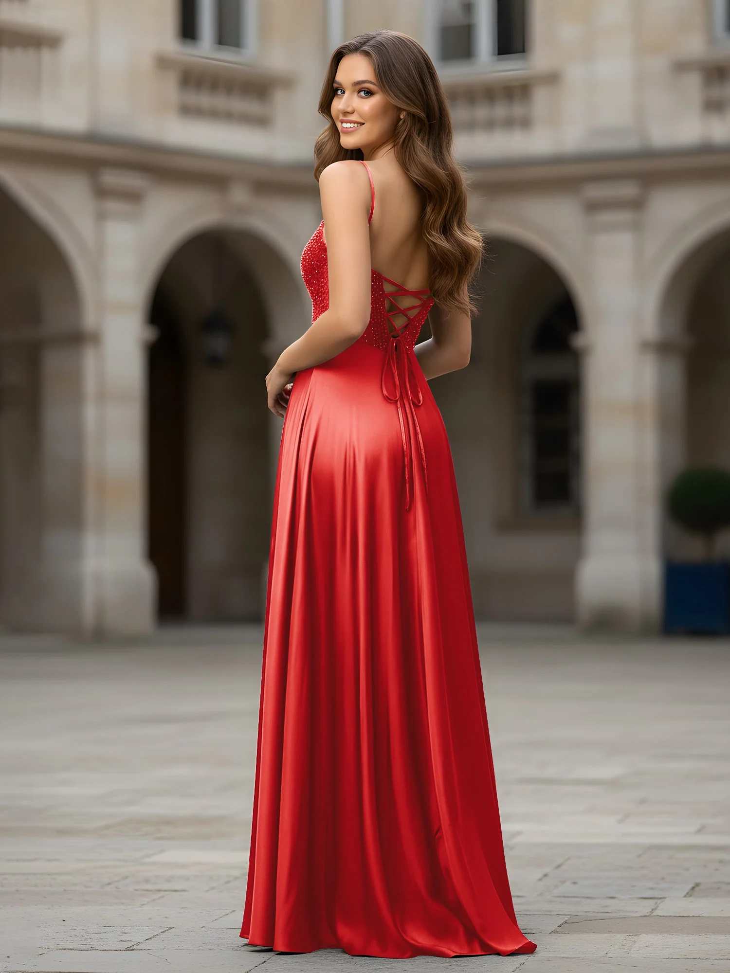 Sweetheart Beaded Bodice A-Line Long Dress Red - Image 2