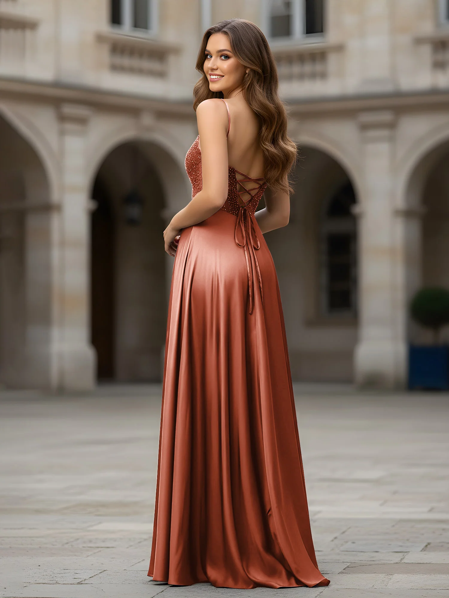 Sweetheart Beaded Bodice A-Line Long Dress Rust - Image 2