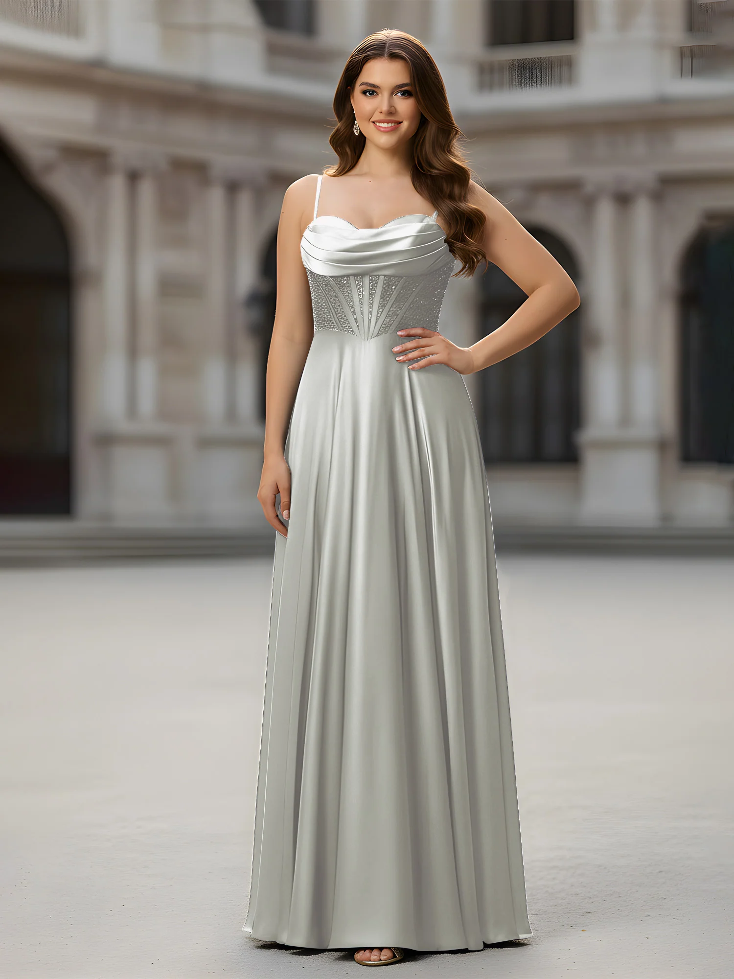 Sweetheart Beaded Bodice A-Line Long Dress Silver
