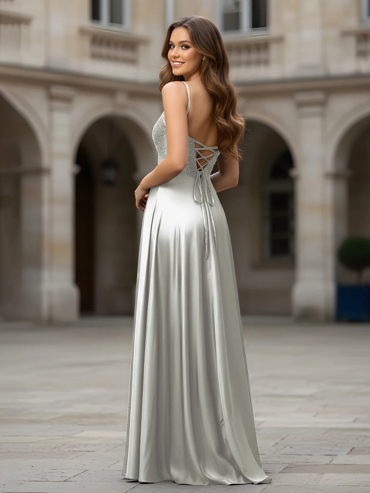 Sweetheart Beaded Bodice A-Line Long Dress Silver - Image 2