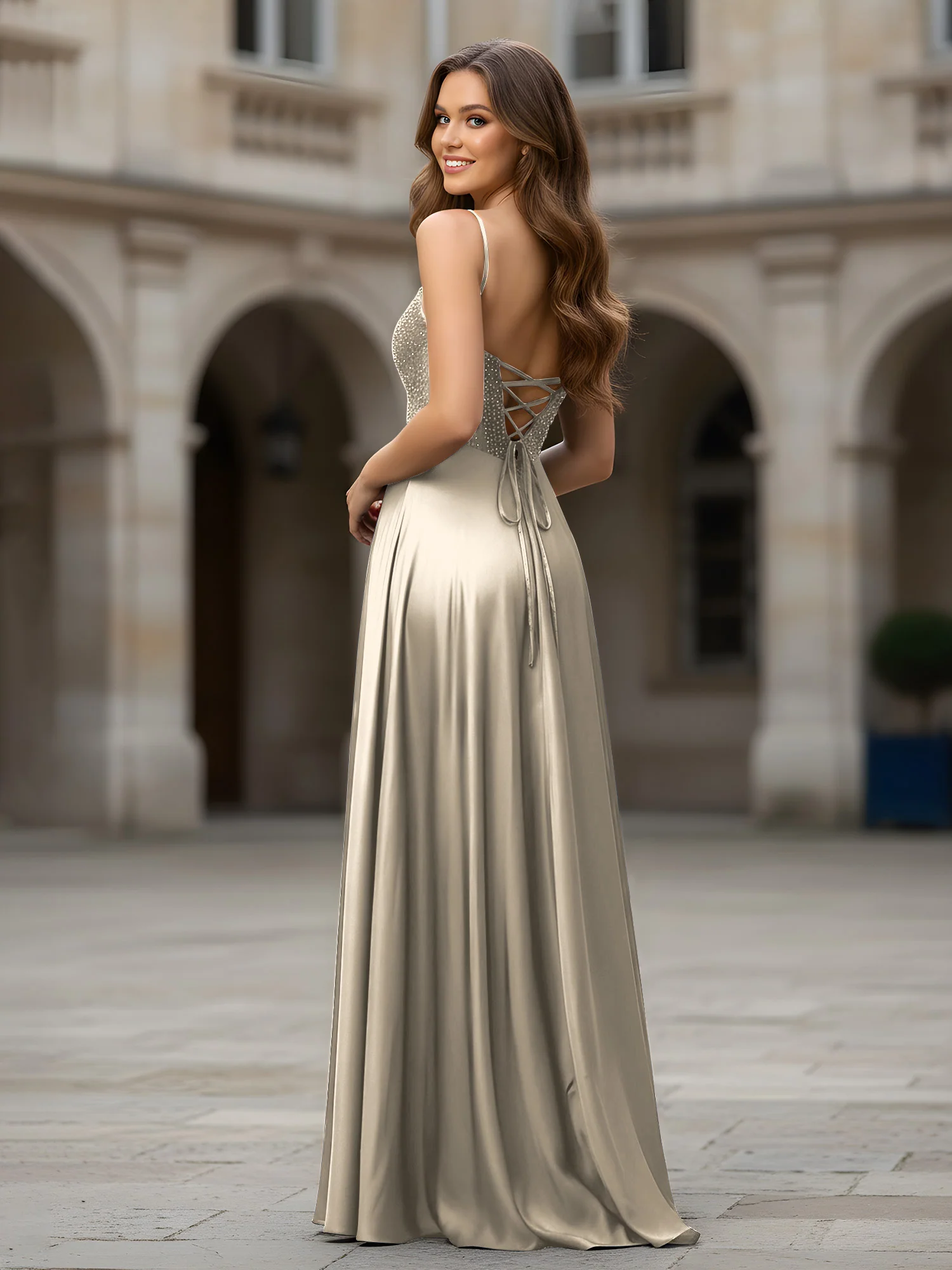 Sweetheart Beaded Bodice A-Line Long Dress Taupe - Image 2