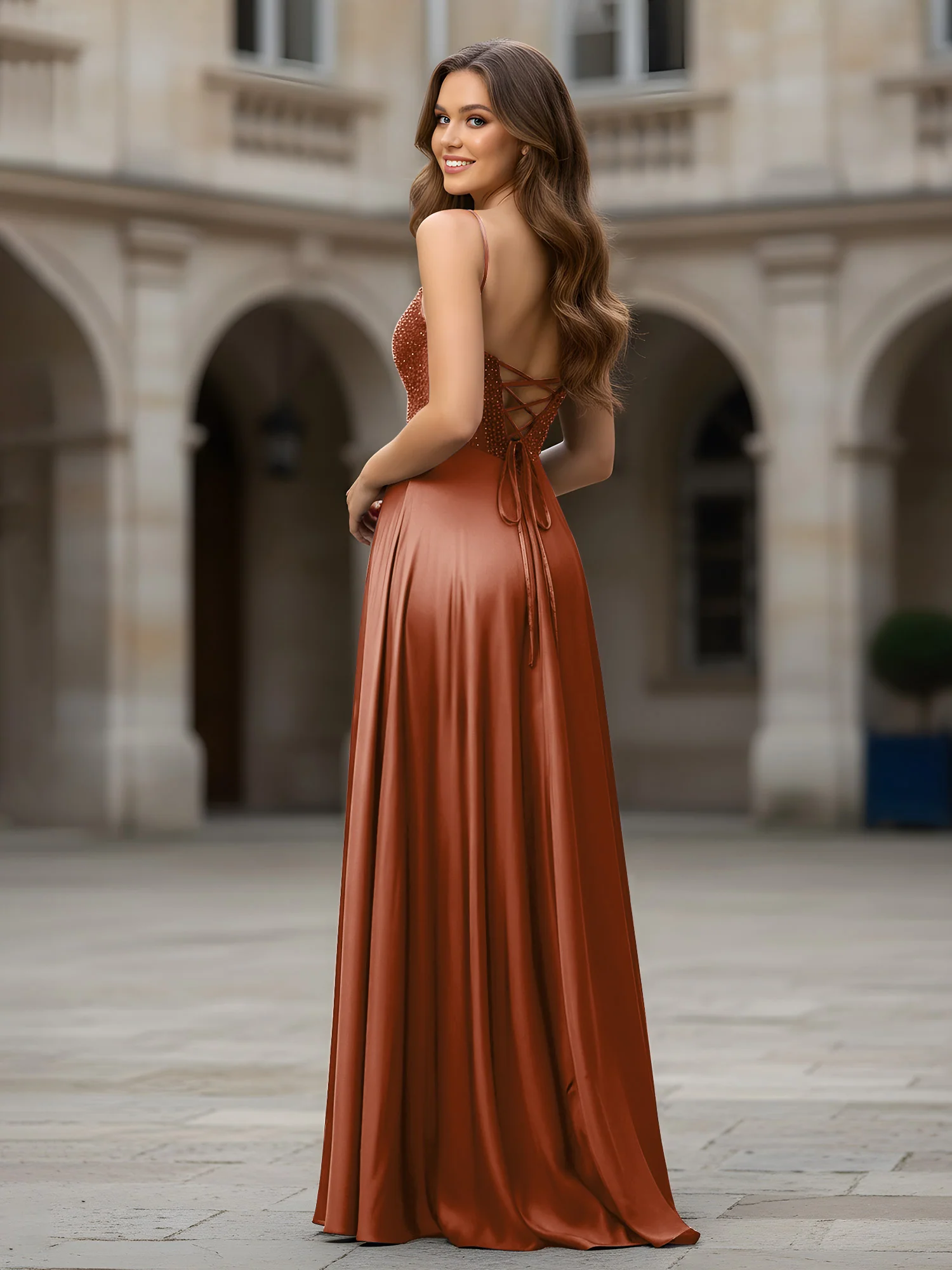 Sweetheart Beaded Bodice A-Line Long Dress Terracotta - Image 2