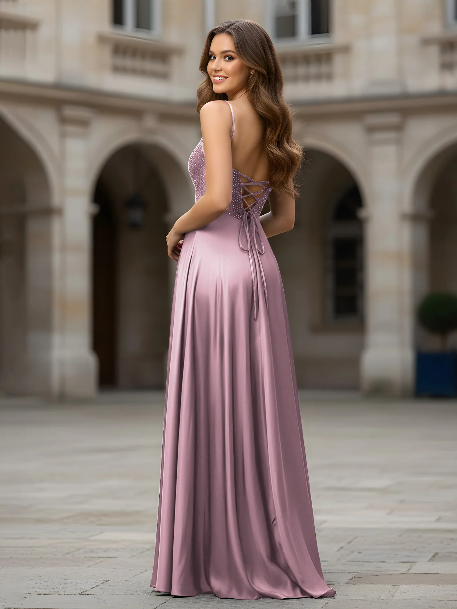 Sweetheart Beaded Bodice A-Line Long Dress Vintage Mauve - Image 2