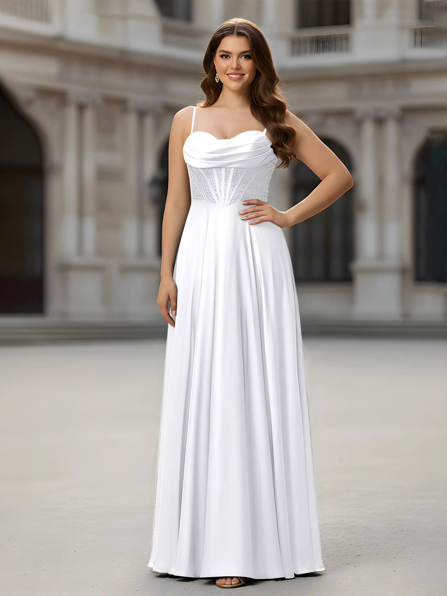 Sweetheart Beaded Bodice A-Line Long Dress White