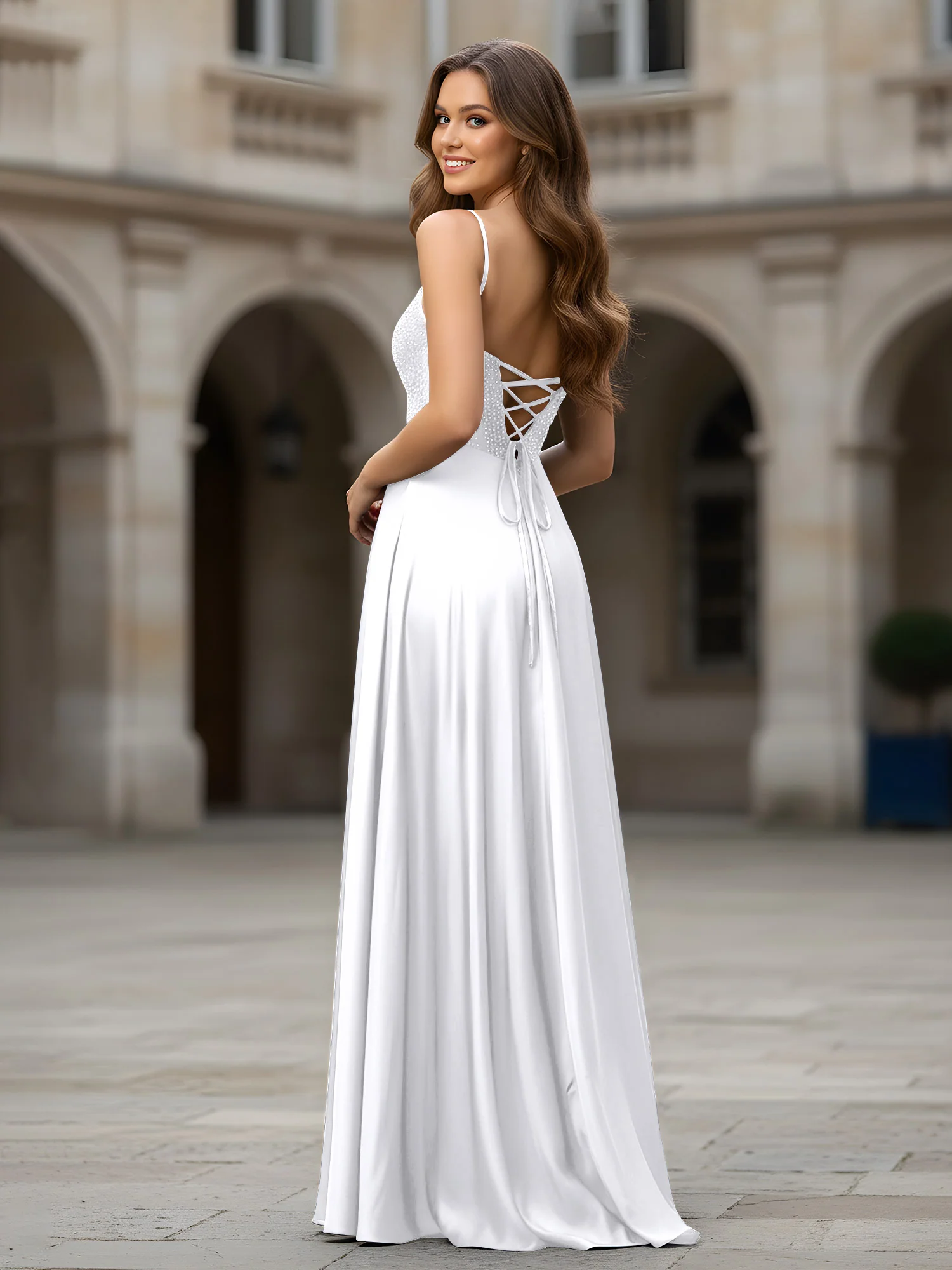 Sweetheart Beaded Bodice A-Line Long Dress White - Image 2