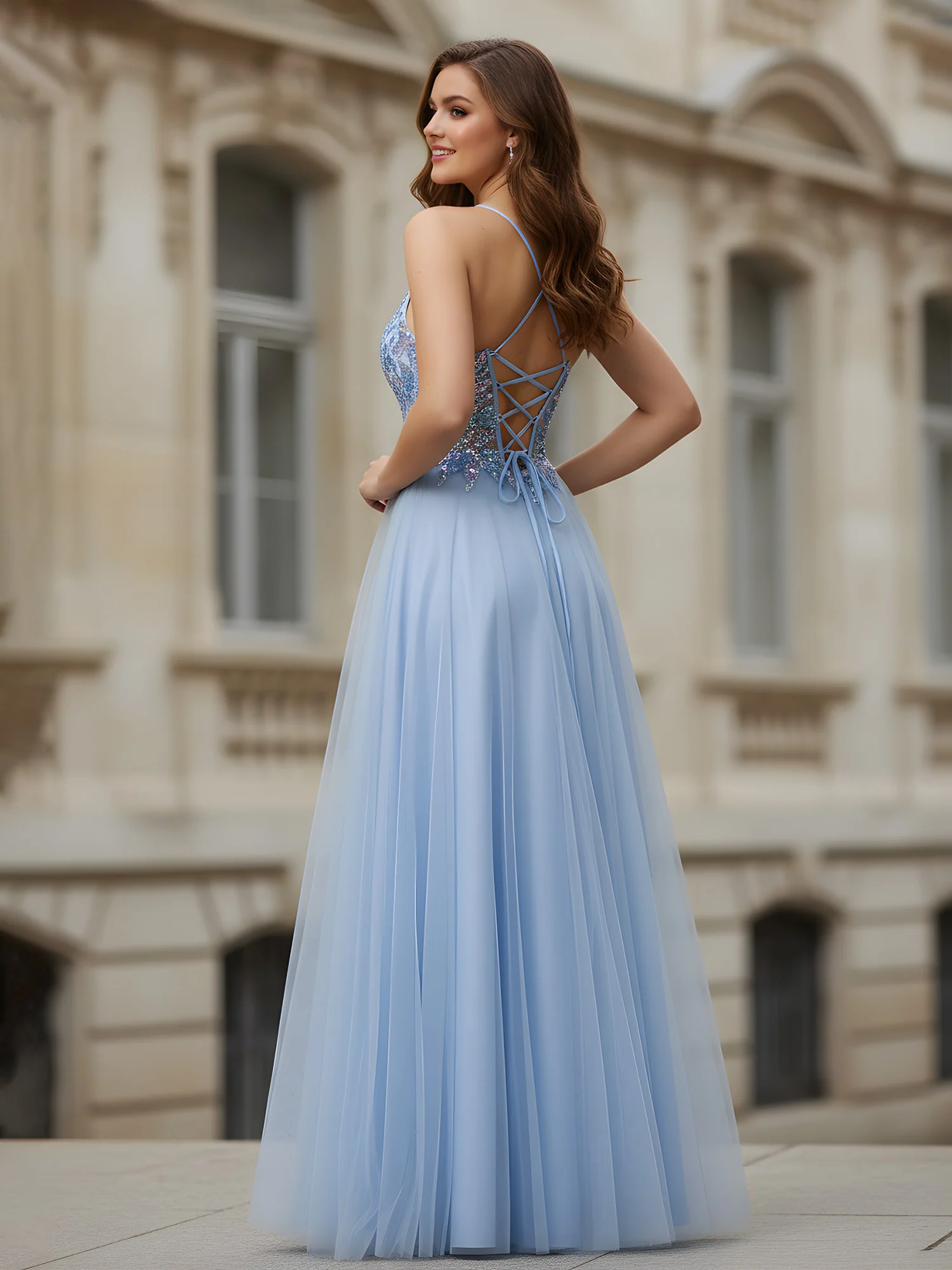 A-Line Spaghetti Straps Applique Sequins Tulle Dress Sky Blue - Image 2