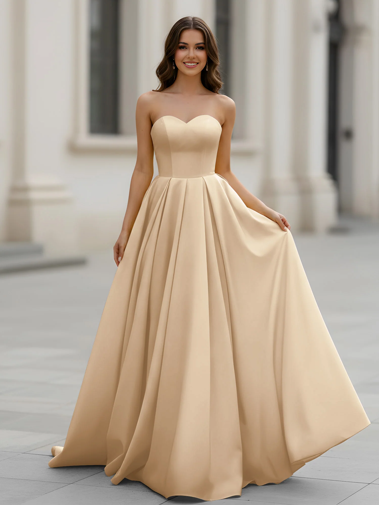 Sweetheart Neck A-Line Ruched Sweep Train Gown Champagne