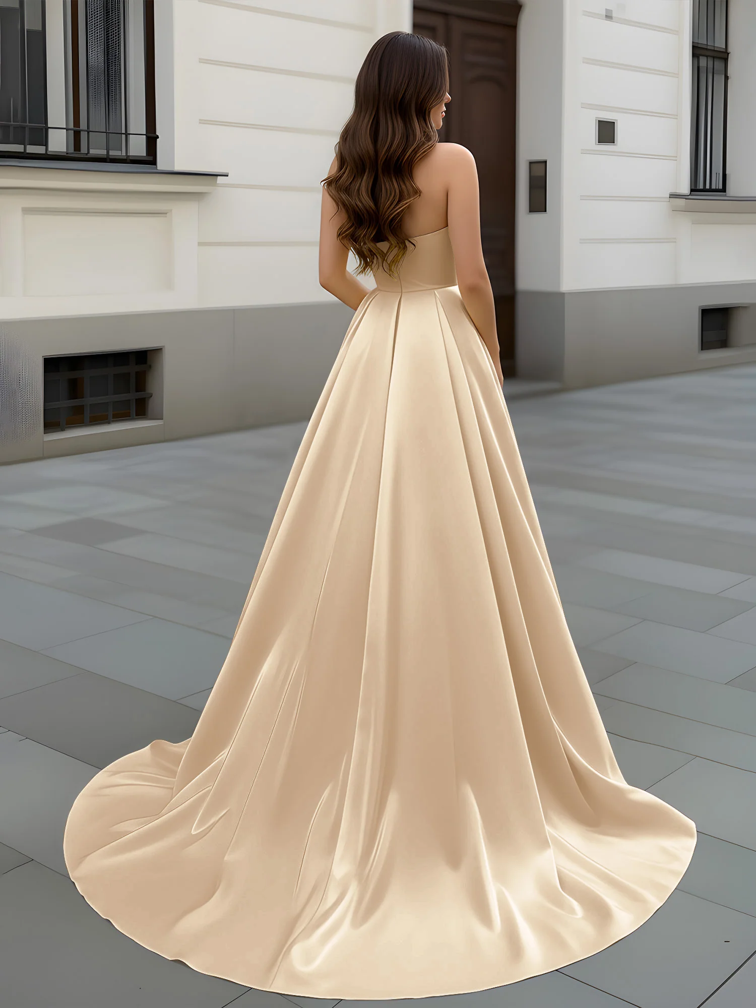 Sweetheart Neck A-Line Ruched Sweep Train Gown Champagne - Image 2