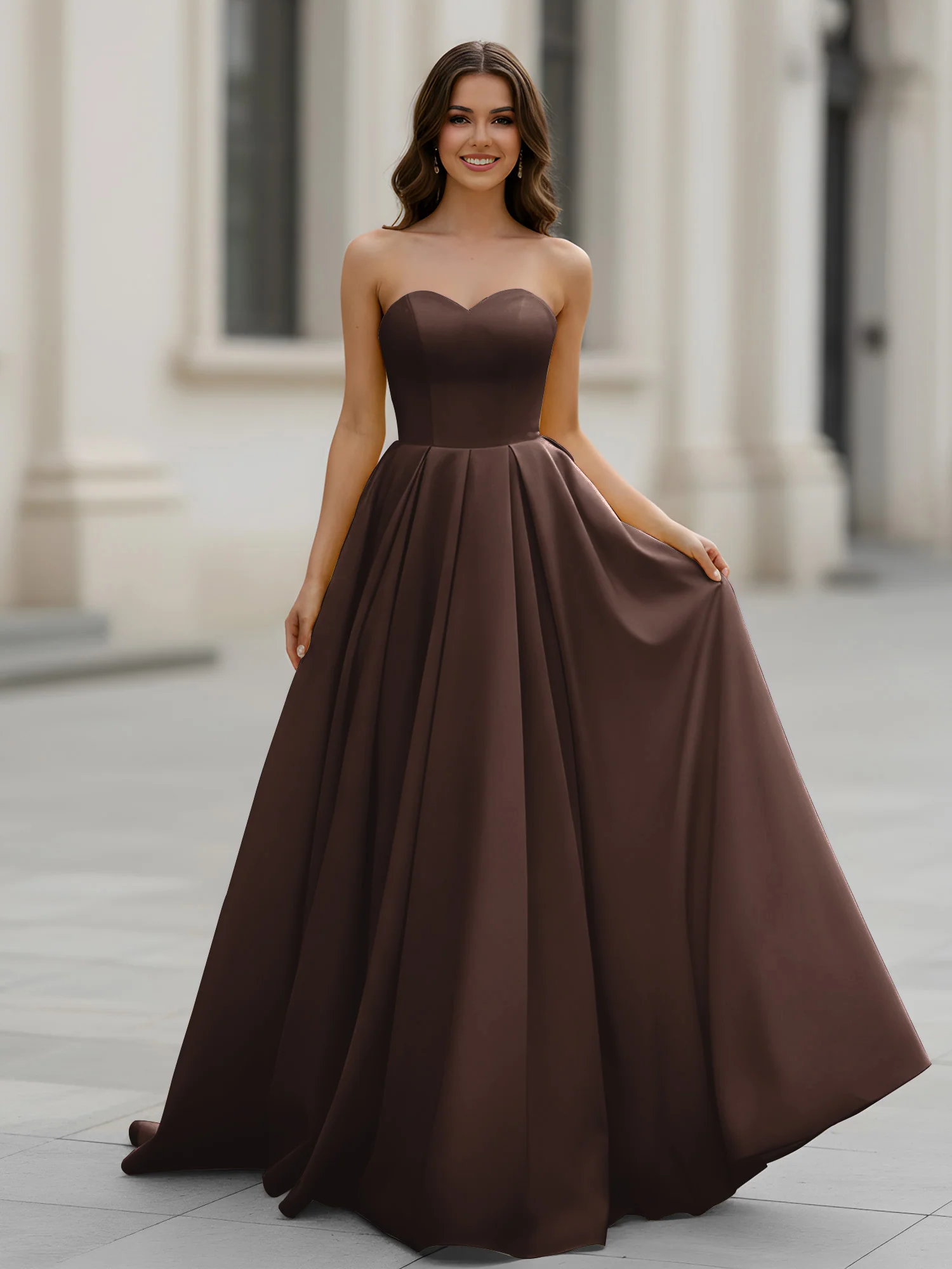 Sweetheart Neck A-Line Ruched Sweep Train Gown Chocolate