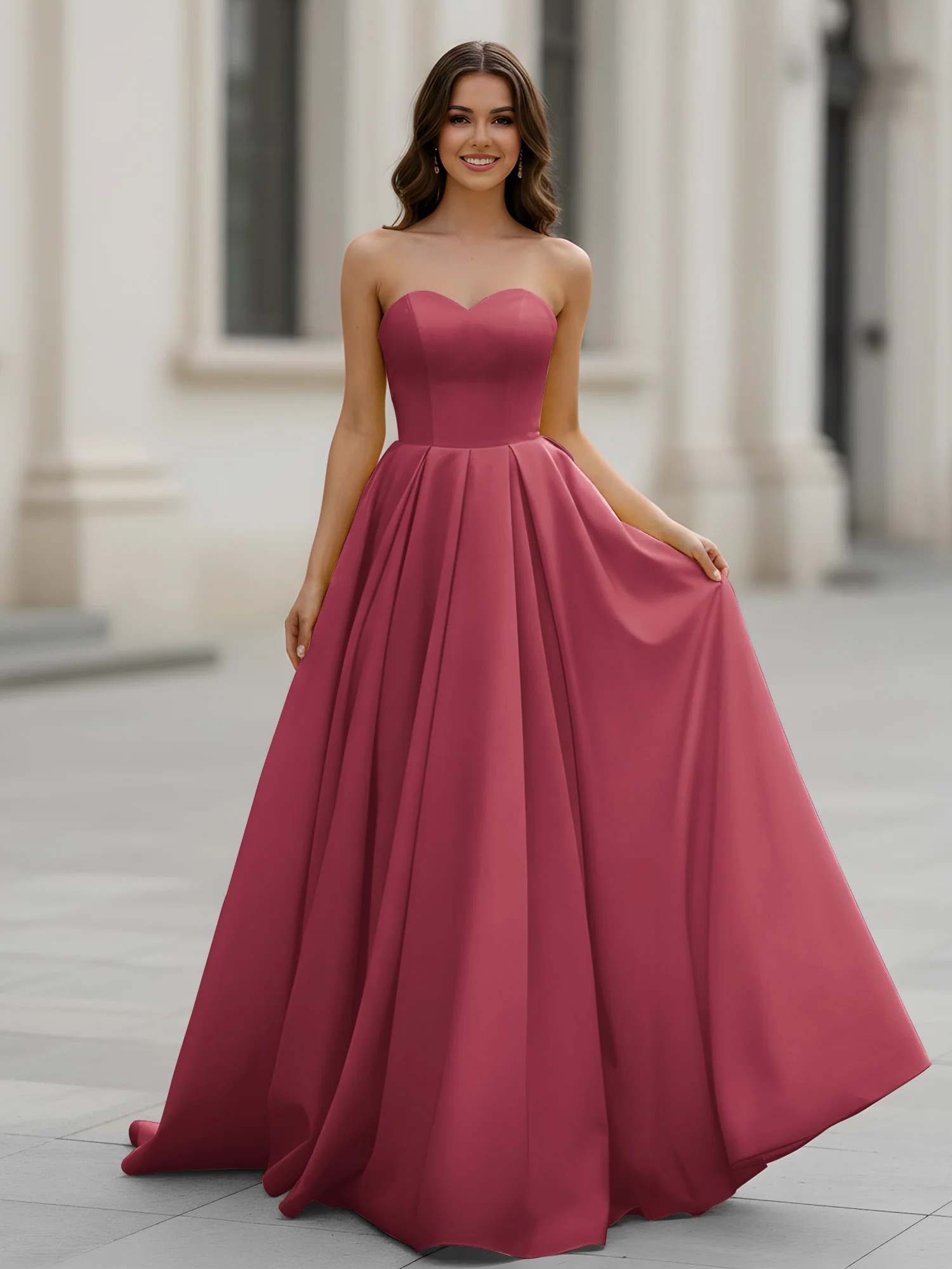 Sweetheart Neck A-Line Ruched Sweep Train Gown Cinnamon Rose
