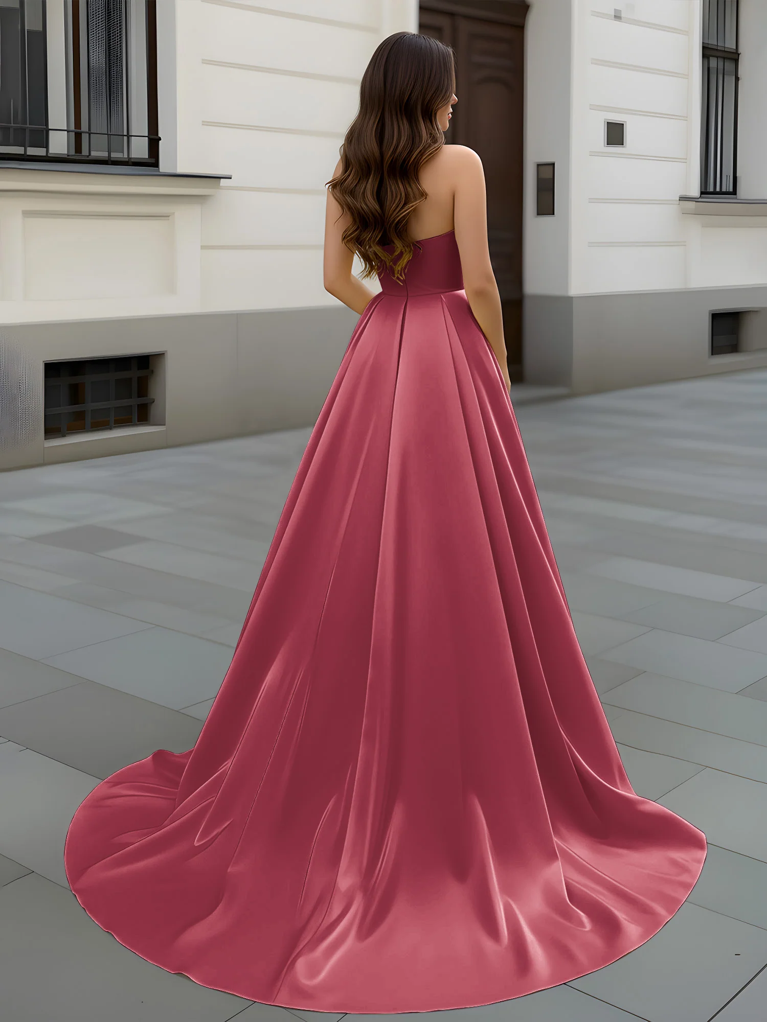 Sweetheart Neck A-Line Ruched Sweep Train Gown Cinnamon Rose - Image 2