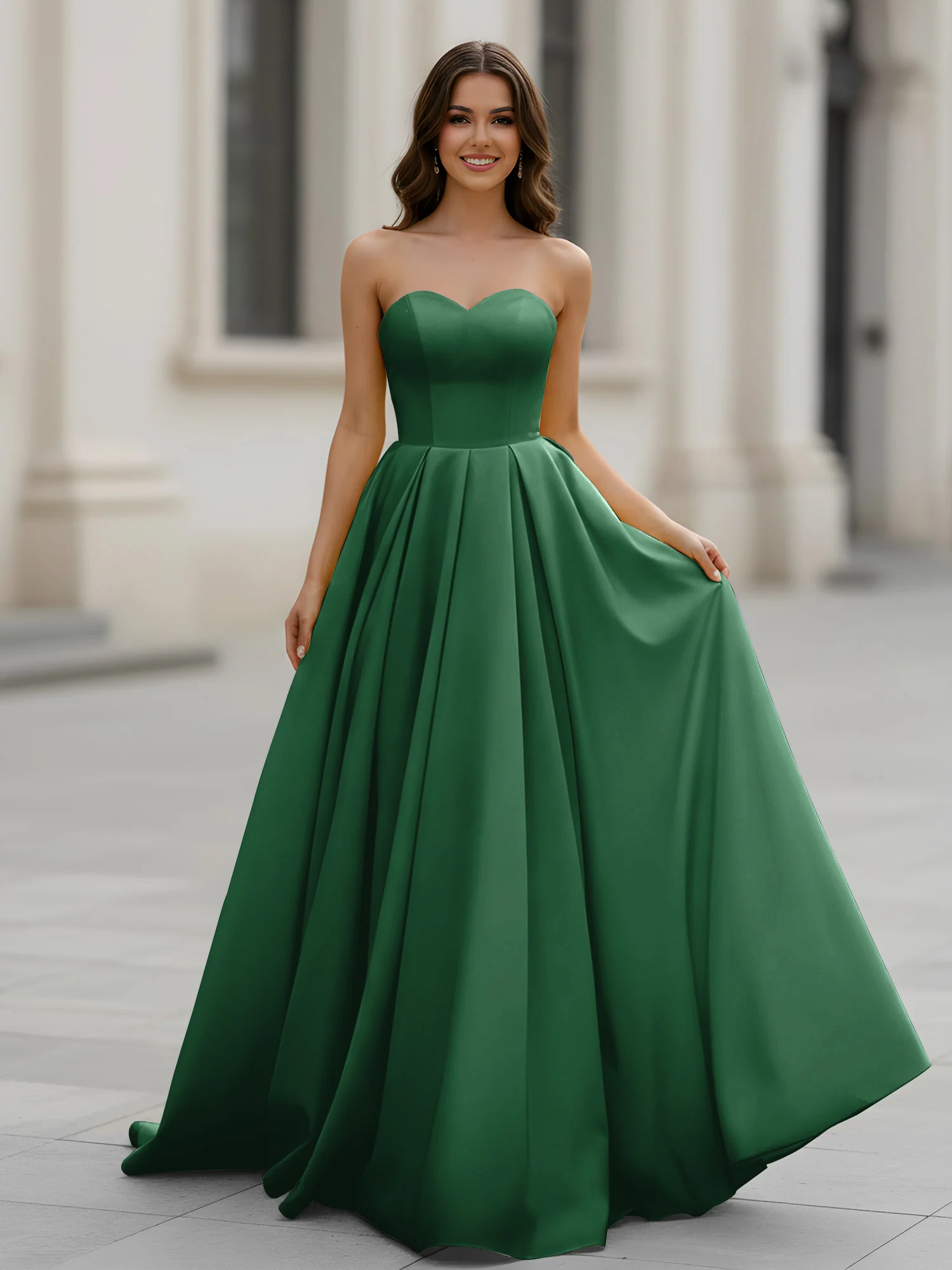 Sweetheart Neck A-Line Ruched Sweep Train Gown Dark Green