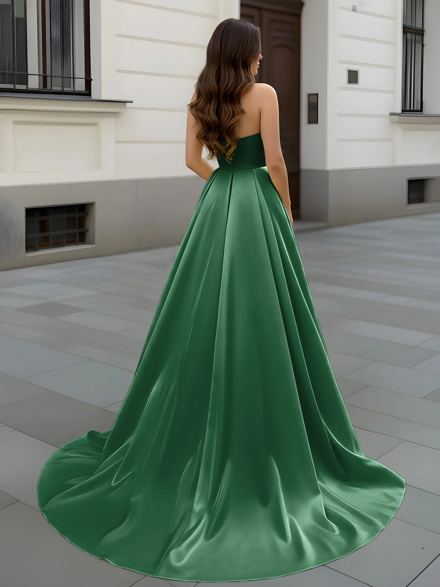 Sweetheart Neck A-Line Ruched Sweep Train Gown Dark Green - Image 2