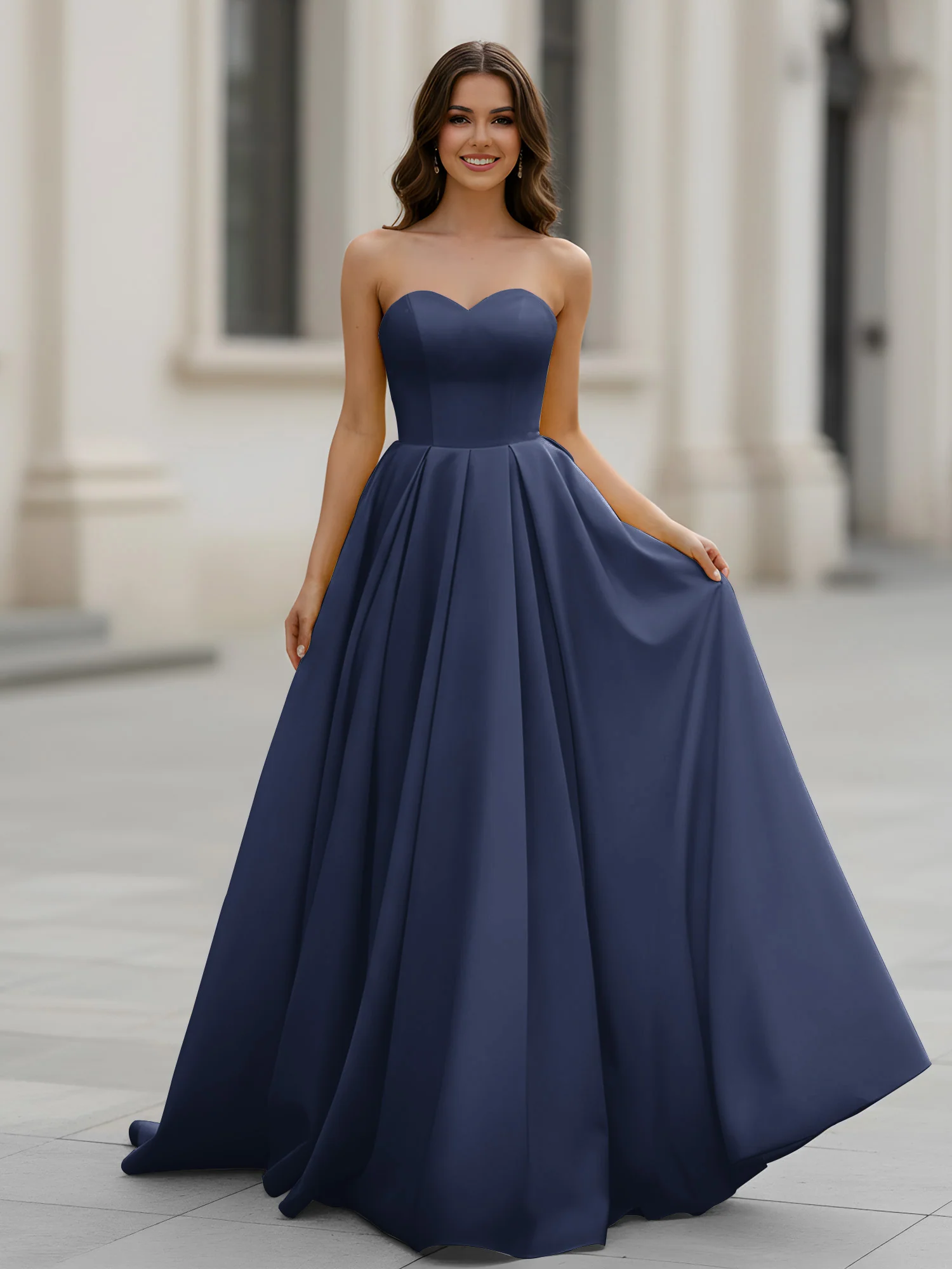 Sweetheart Neck A-Line Ruched Sweep Train Gown Dark Navy