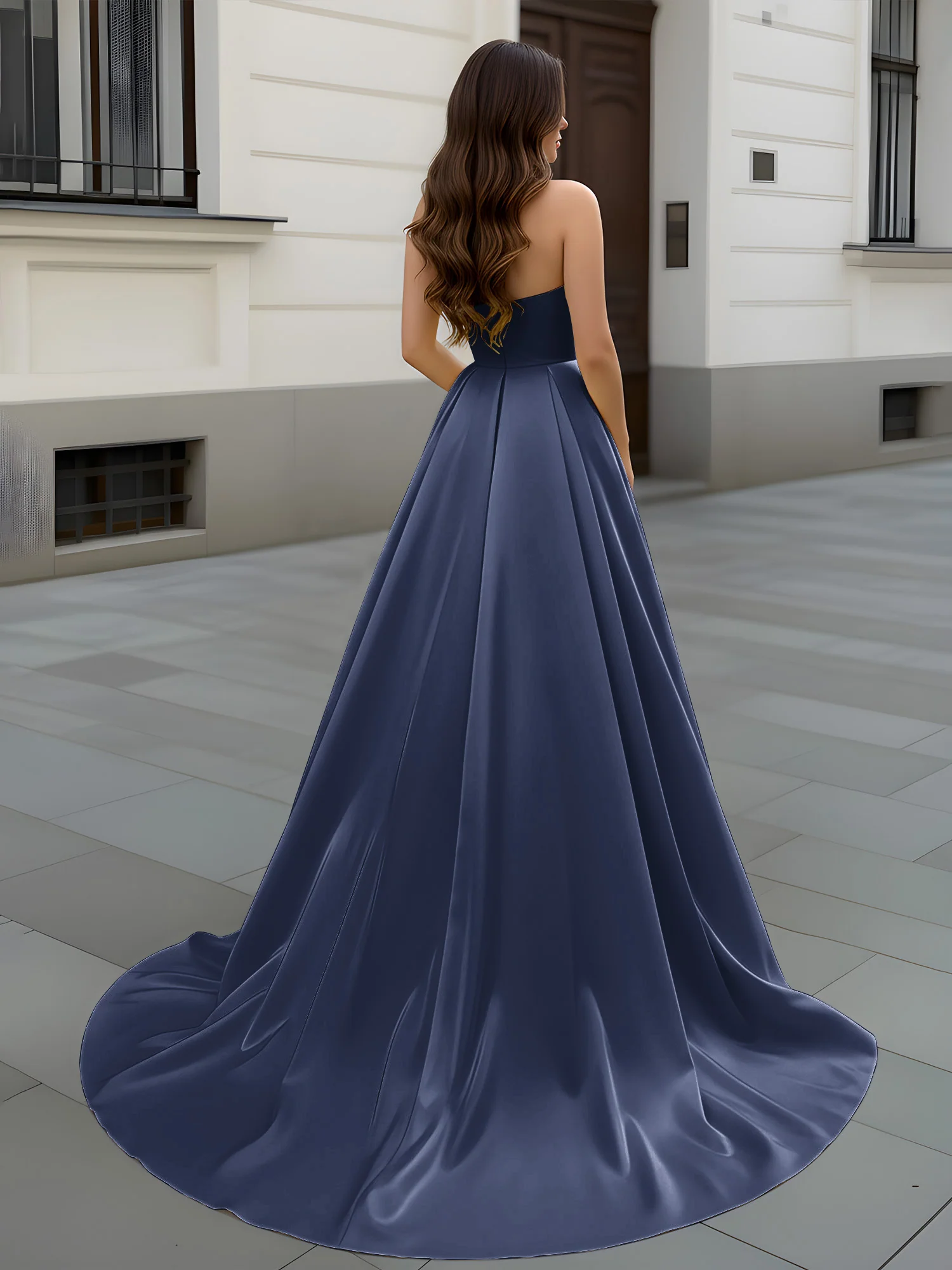 Sweetheart Neck A-Line Ruched Sweep Train Gown Dark Navy - Image 2