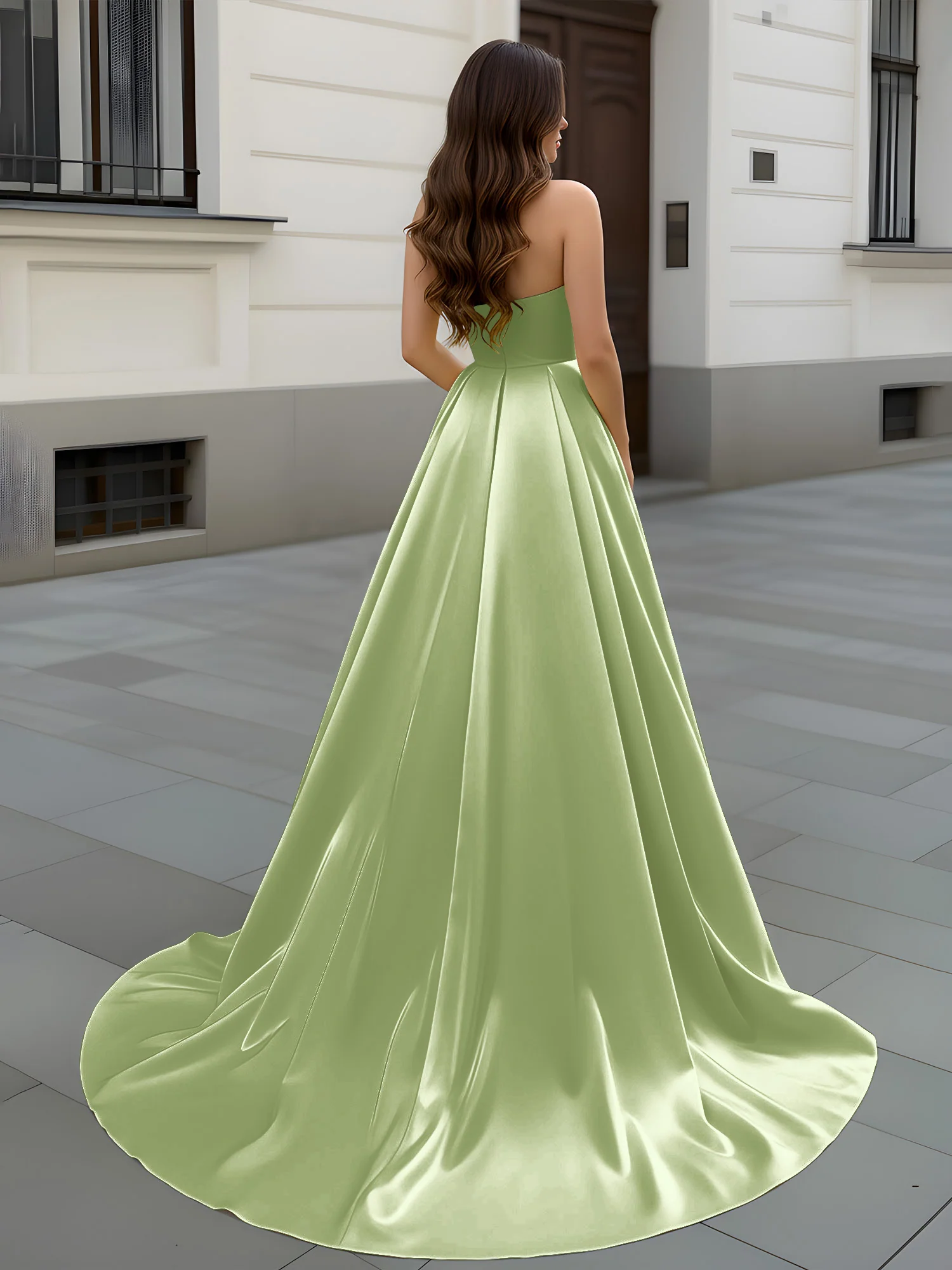 Sweetheart Neck A-Line Ruched Sweep Train Gown Dusty Sage - Image 2