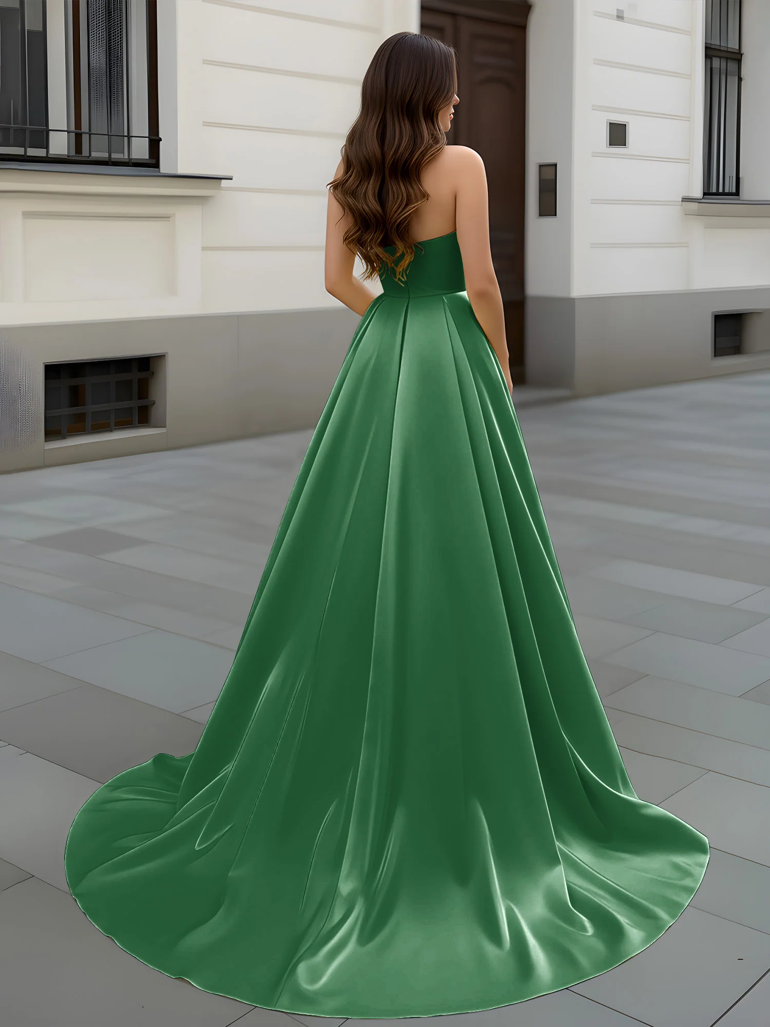 Sweetheart Neck A-Line Ruched Sweep Train Gown Emerald - Image 2