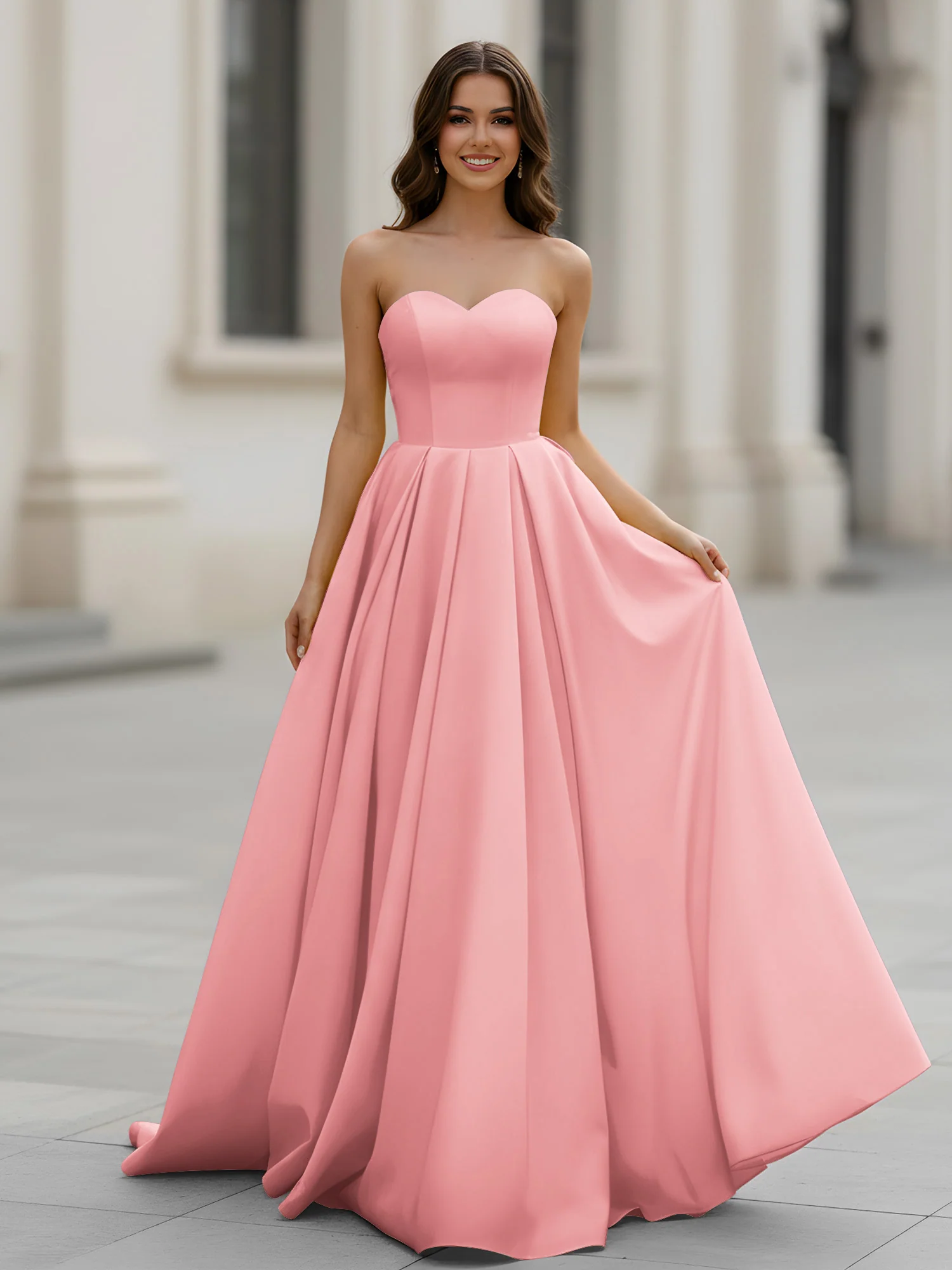 Sweetheart Neck A-Line Ruched Sweep Train Gown Flamingo