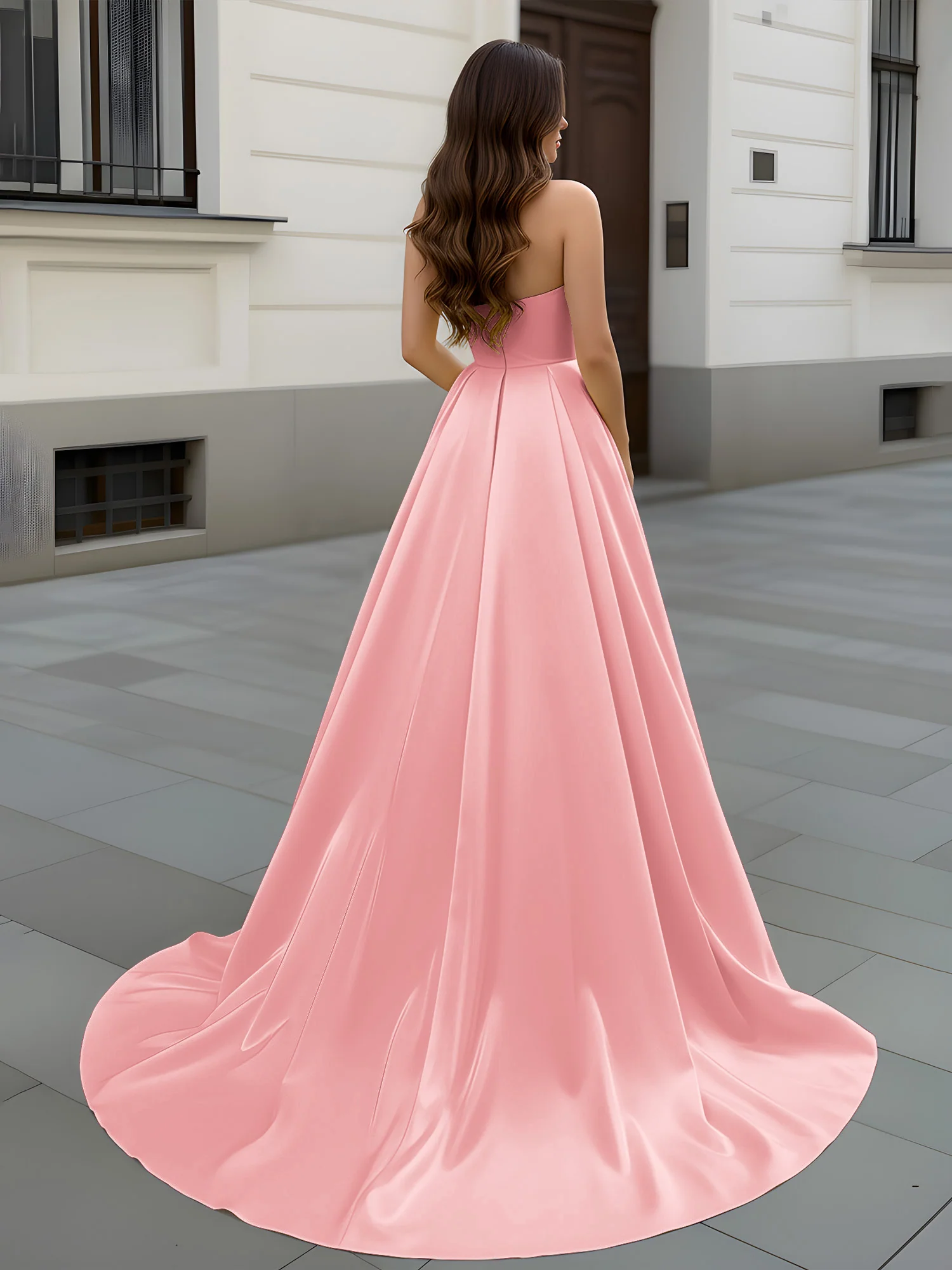 Sweetheart Neck A-Line Ruched Sweep Train Gown Flamingo - Image 2