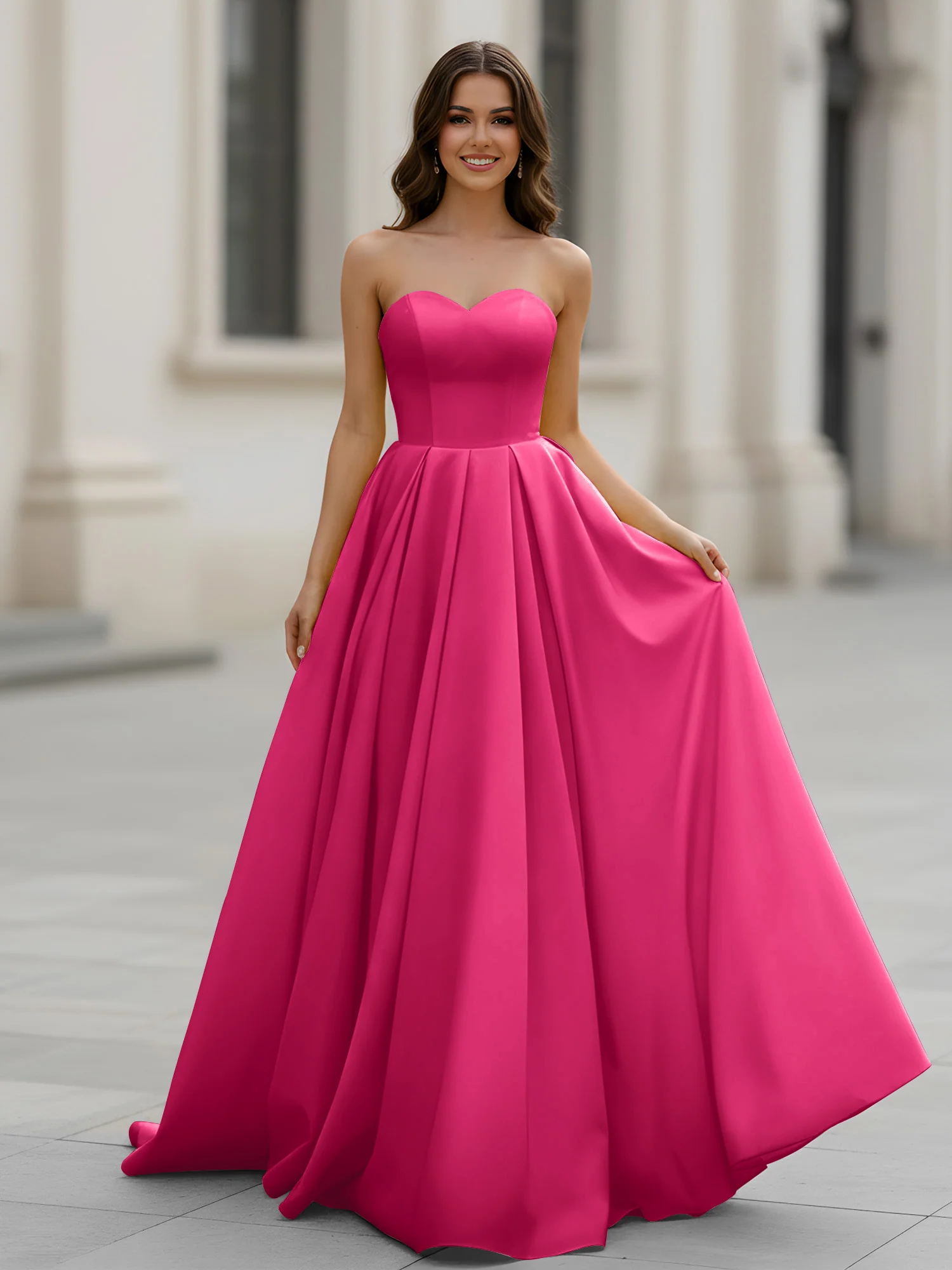 Sweetheart Neck A-Line Ruched Sweep Train Gown Fuchsia