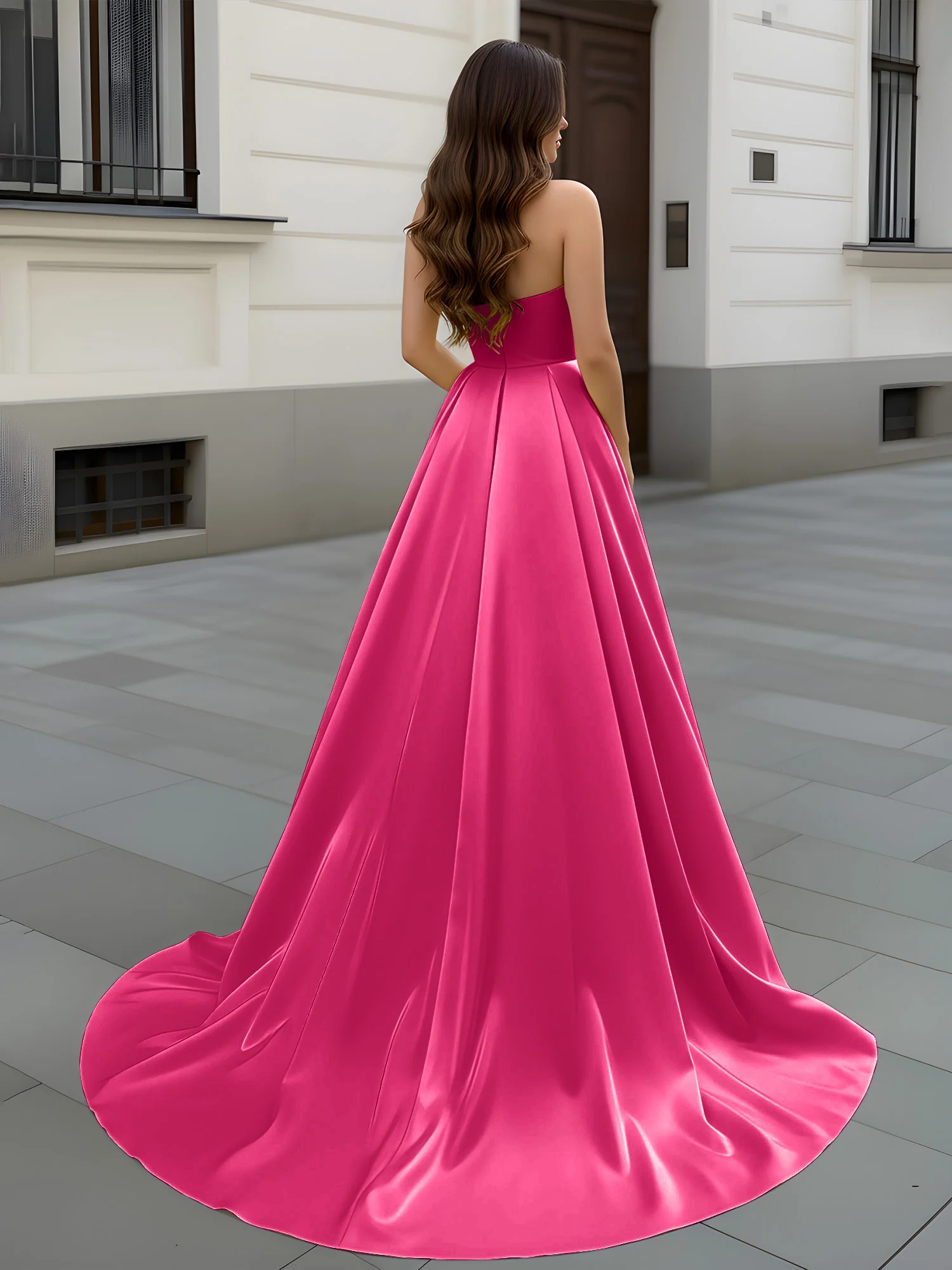 Sweetheart Neck A-Line Ruched Sweep Train Gown Fuchsia - Image 2