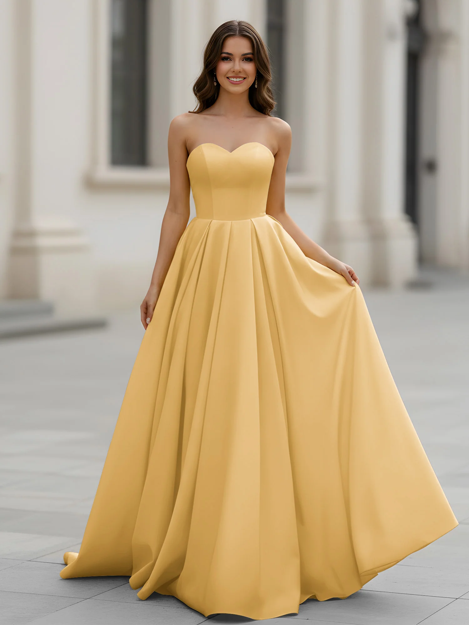 Sweetheart Neck A-Line Ruched Sweep Train Gown Gold