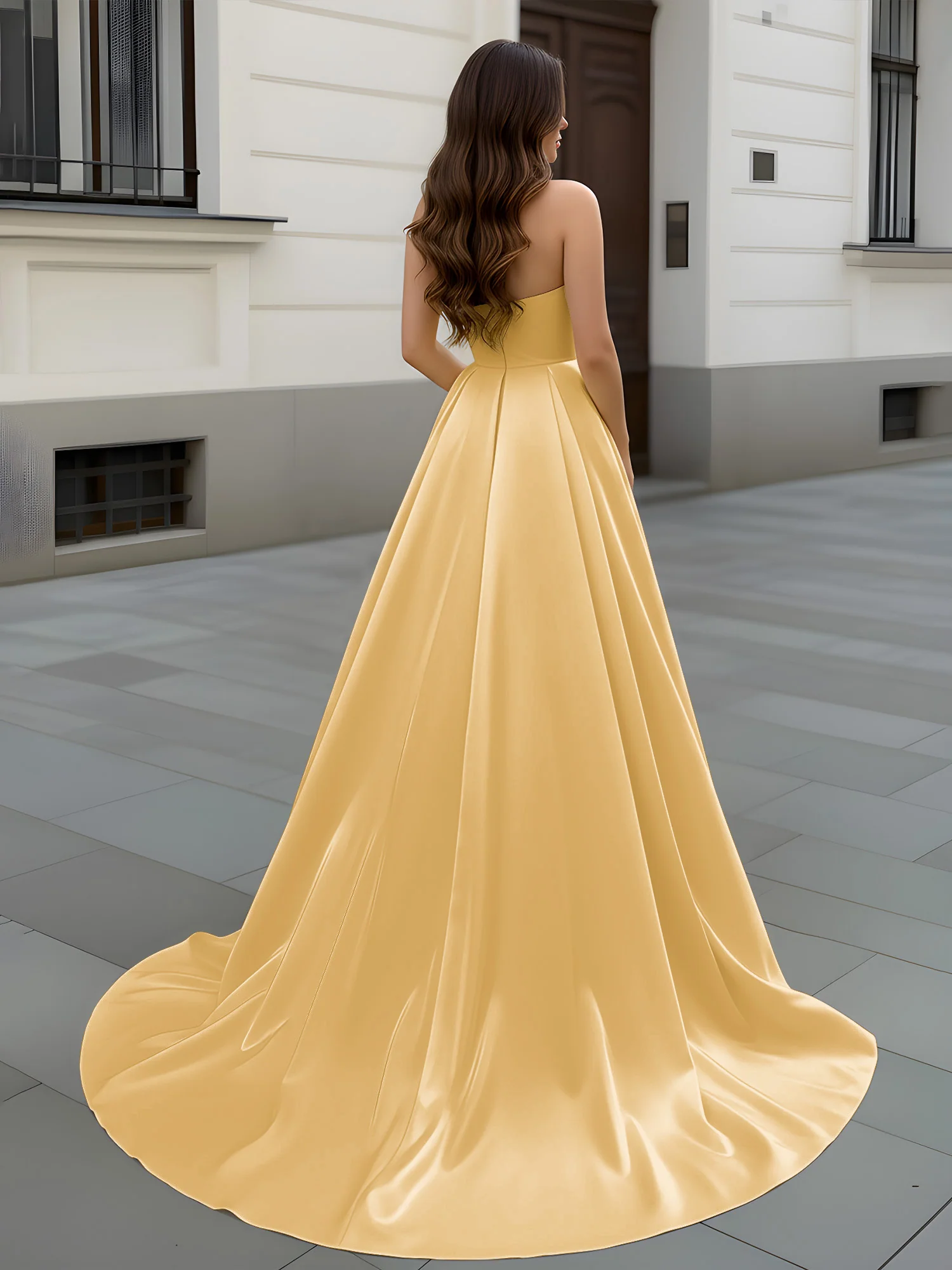 Sweetheart Neck A-Line Ruched Sweep Train Gown Gold - Image 2