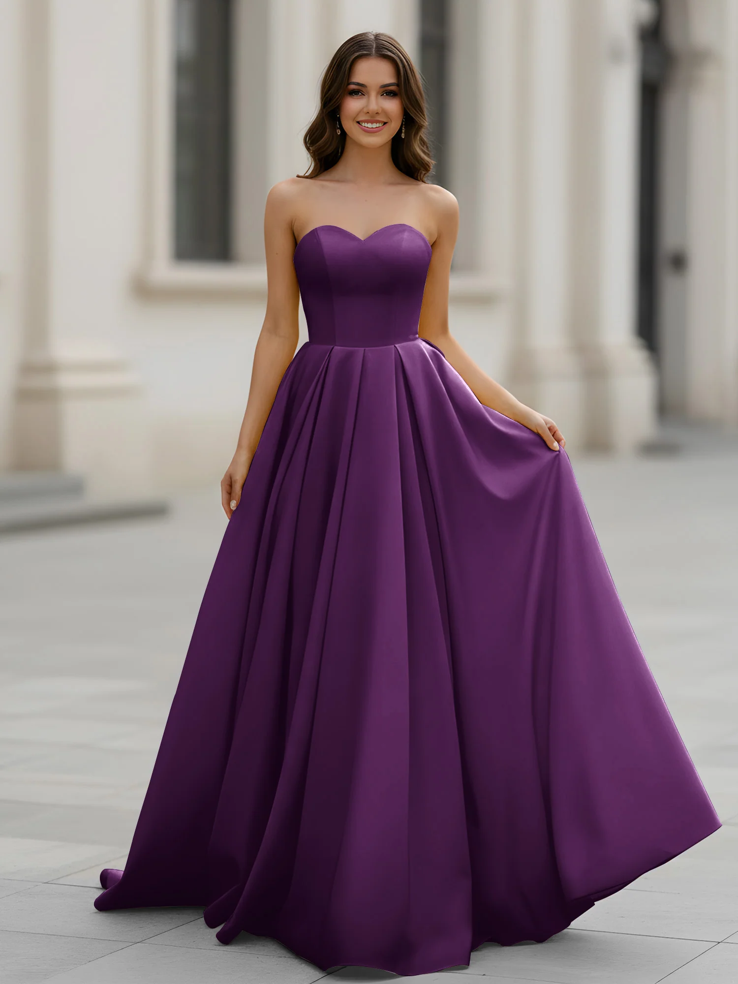 Sweetheart Neck A-Line Ruched Sweep Train Gown Grape