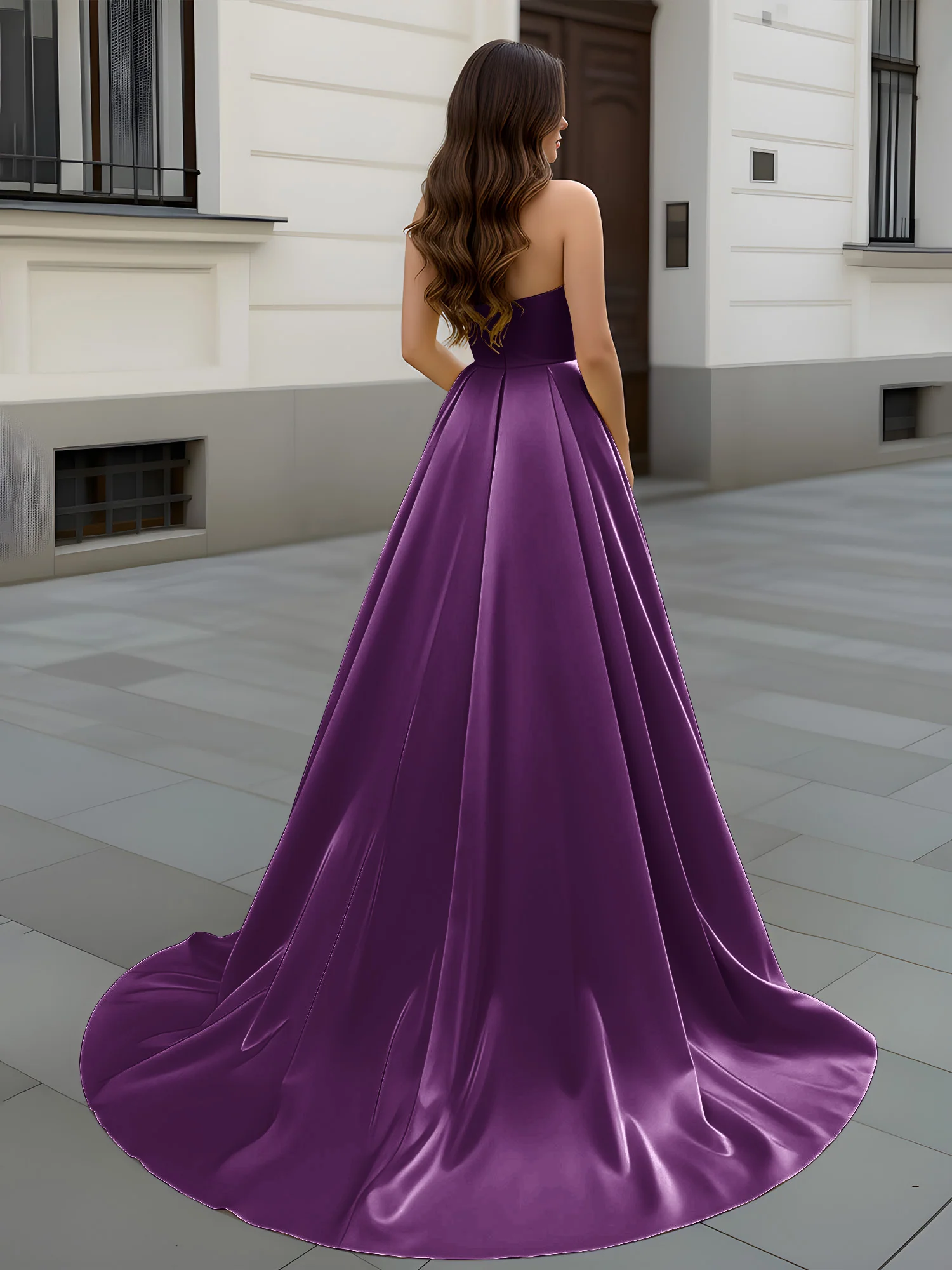 Sweetheart Neck A-Line Ruched Sweep Train Gown Grape - Image 2