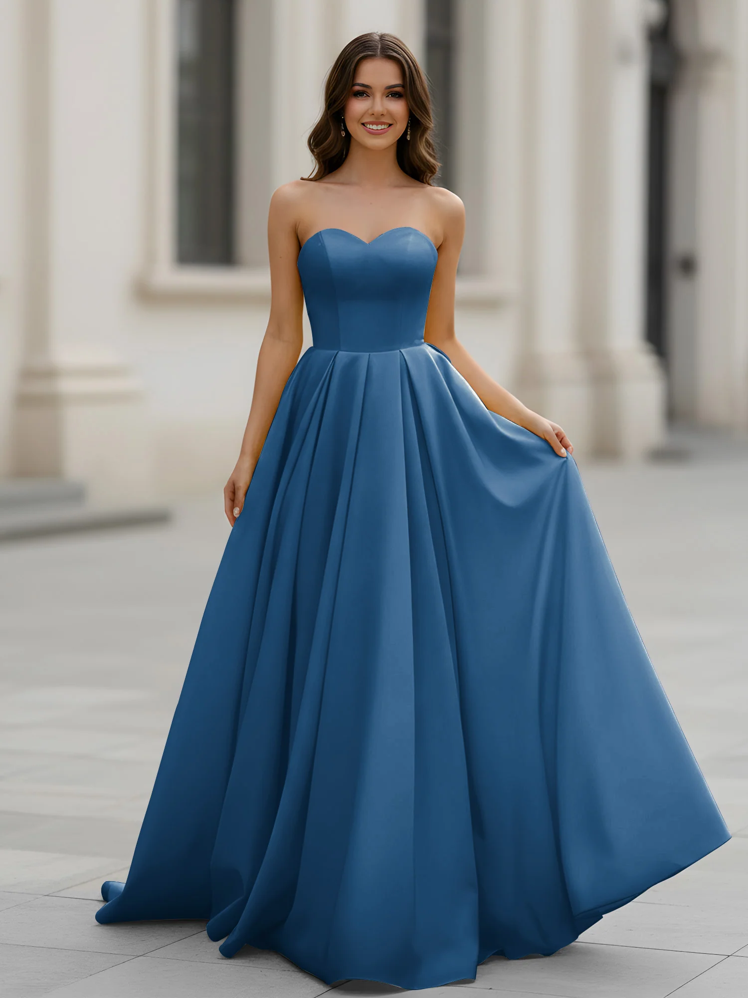 Sweetheart Neck A-Line Ruched Sweep Train Gown Ink Blue