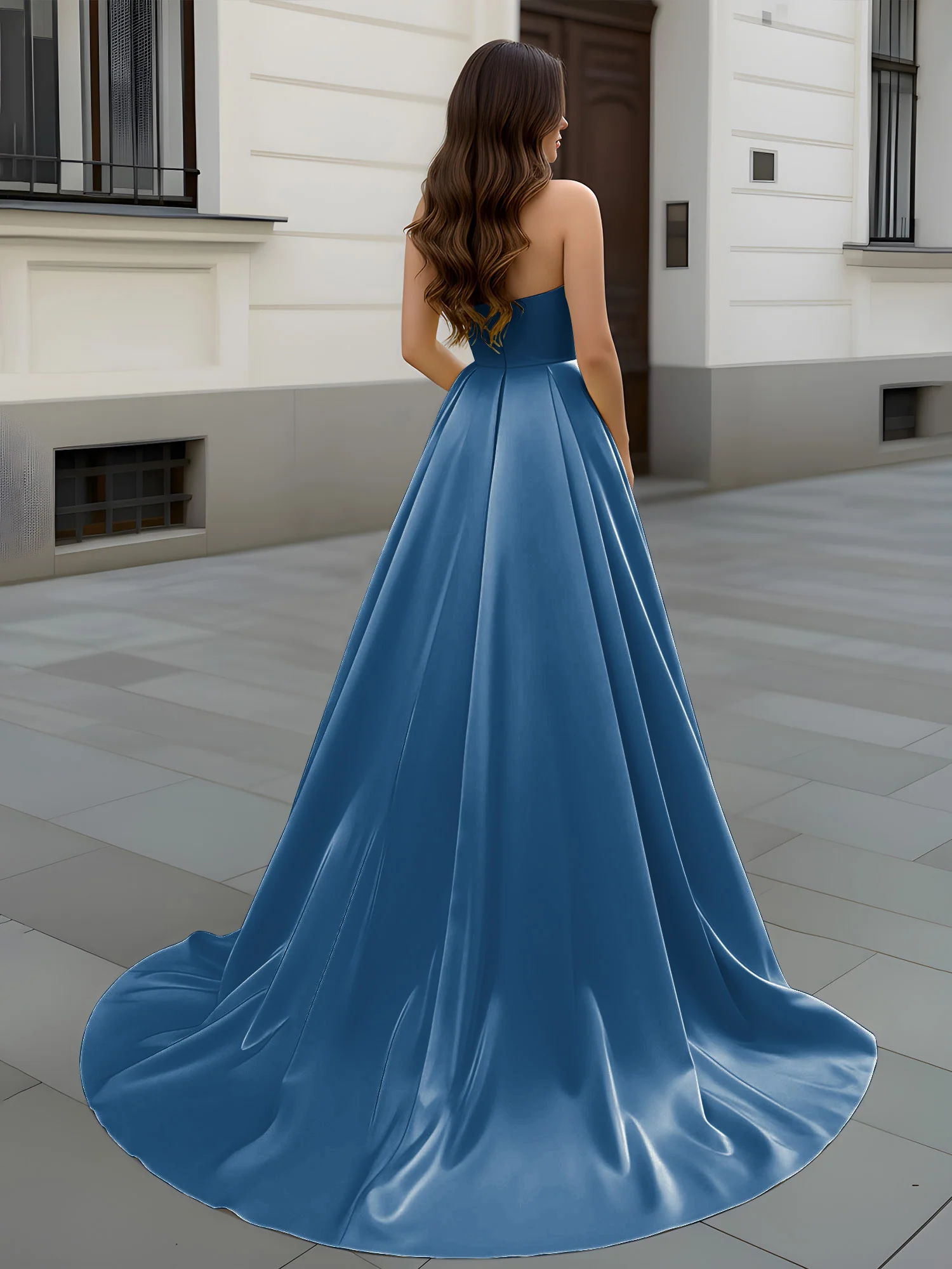 Sweetheart Neck A-Line Ruched Sweep Train Gown Ink Blue - Image 2