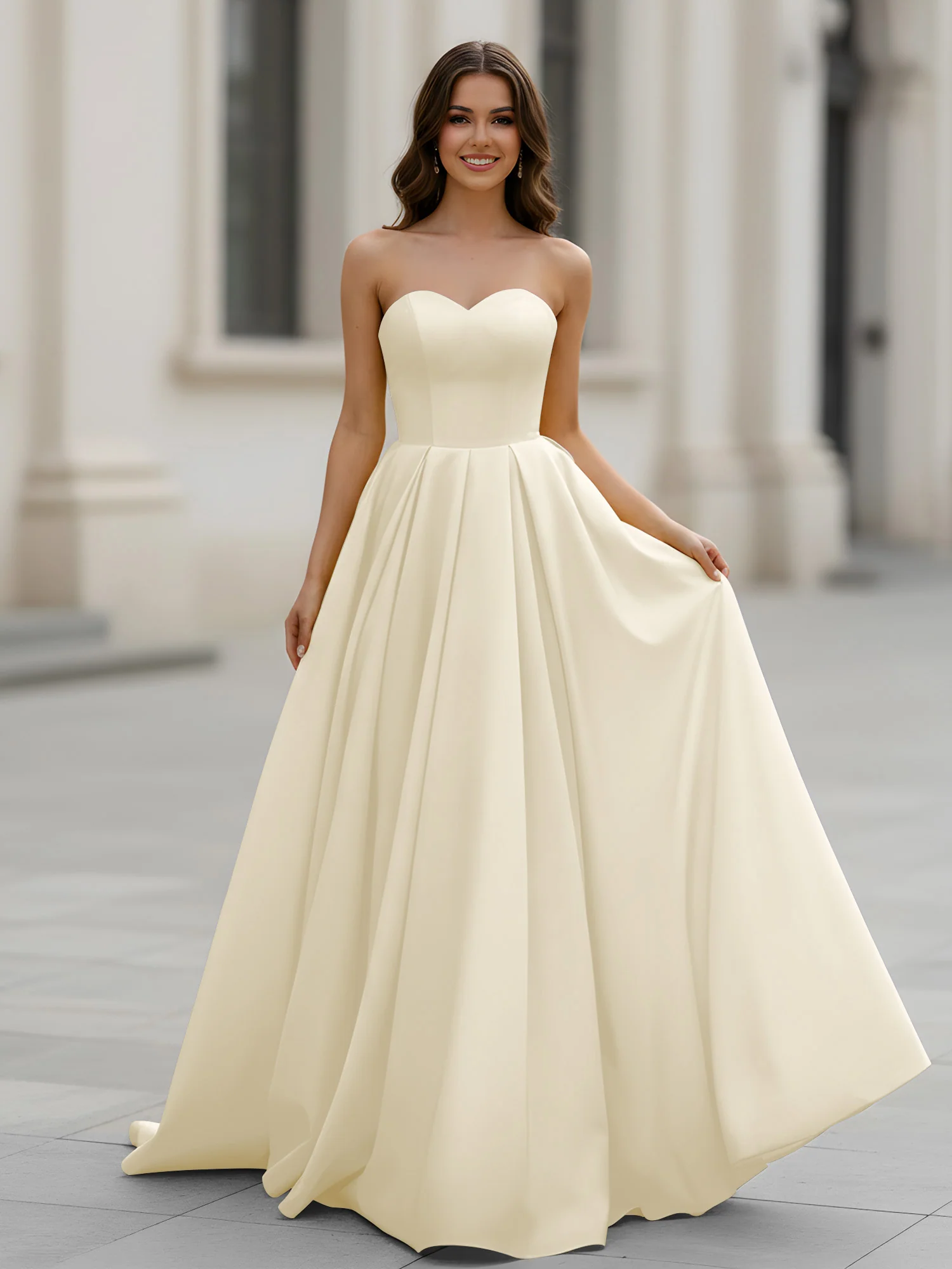 Sweetheart Neck A-Line Ruched Sweep Train Gown Ivory