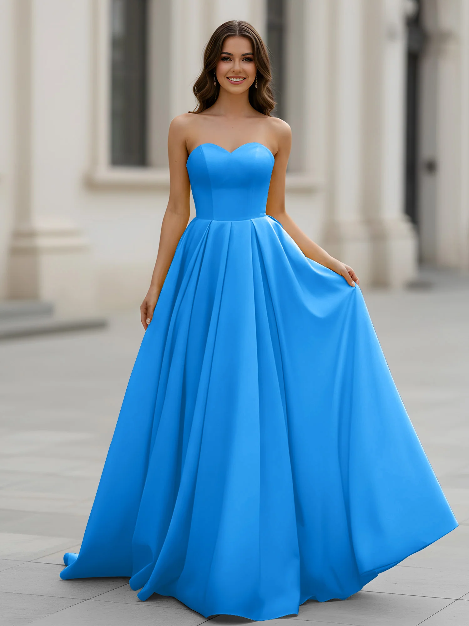 Sweetheart Neck A-Line Ruched Sweep Train Gown Ocean Blue