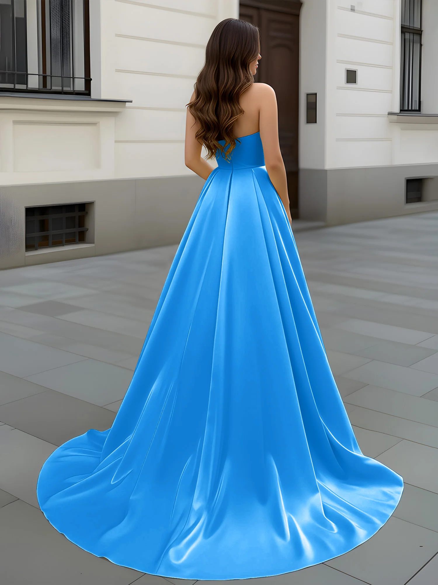 Sweetheart Neck A-Line Ruched Sweep Train Gown Ocean Blue - Image 2